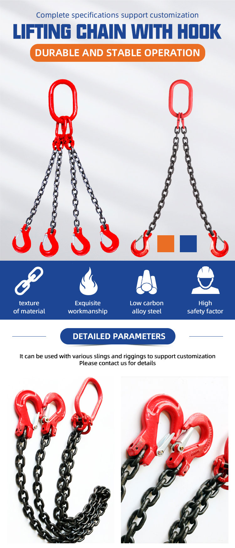 Alloy steel multi-leg 2 3 4 leg g80 lifting chain sling with hook details