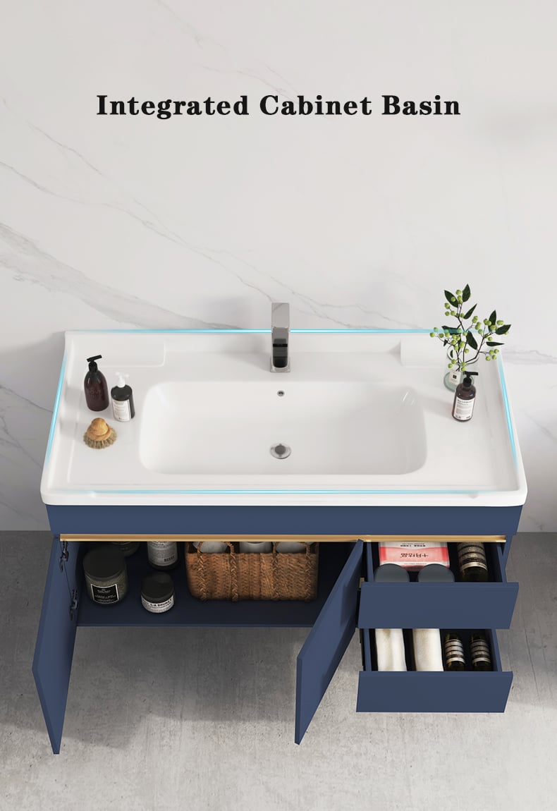 Modern European Blue Gold Design Wall Mount Bathroom Vanity Cabinet Basin Mirror Set Waterproof Bathroom Wash Basin Cabinet supplier