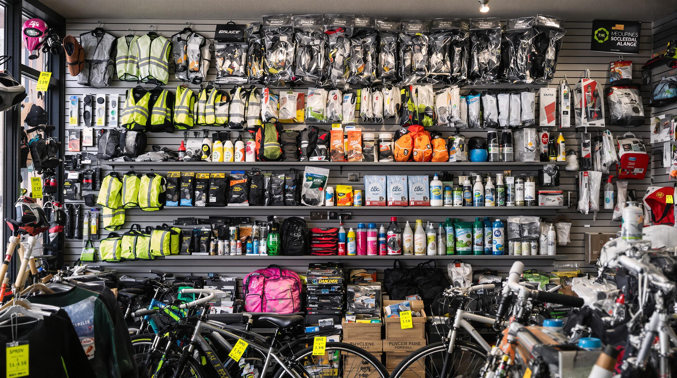 A photorealistic city bike shop interior displaying seasonal bicycle accessories for spring, autumn, and winter.
