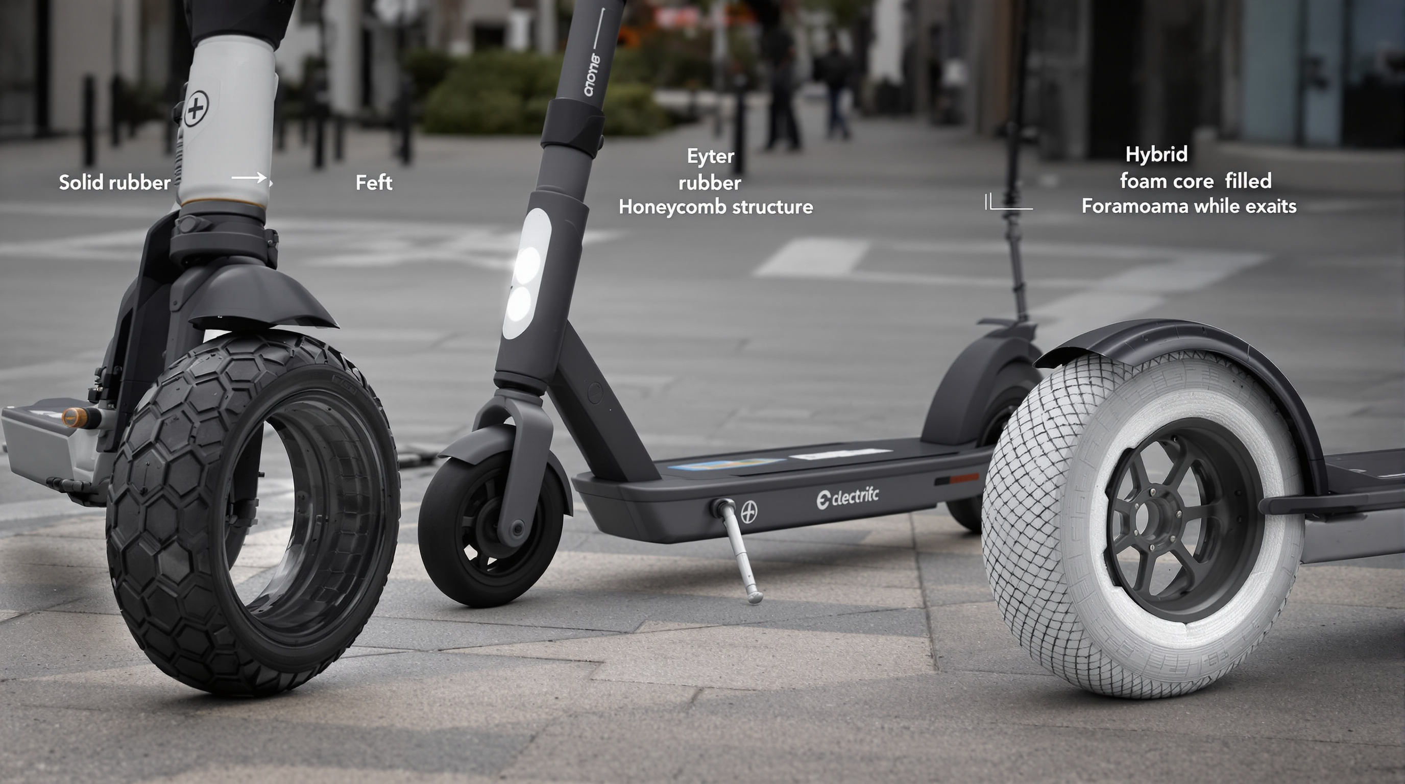 Scooter close-ups showing the differences between solid rubber, honeycomb-structured, and foam-filled puncture-proof tires.
