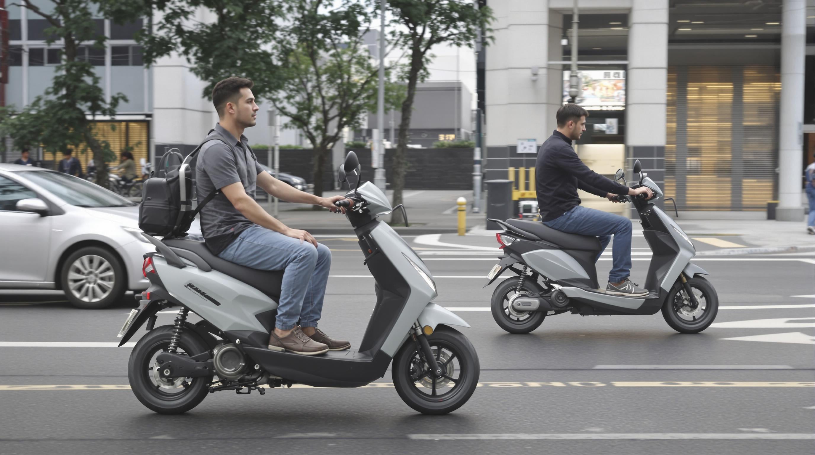 Two electric scooter riders on a city street, one with solid tires and one with tubeless tires, showing clear differences in ride comfort and stability