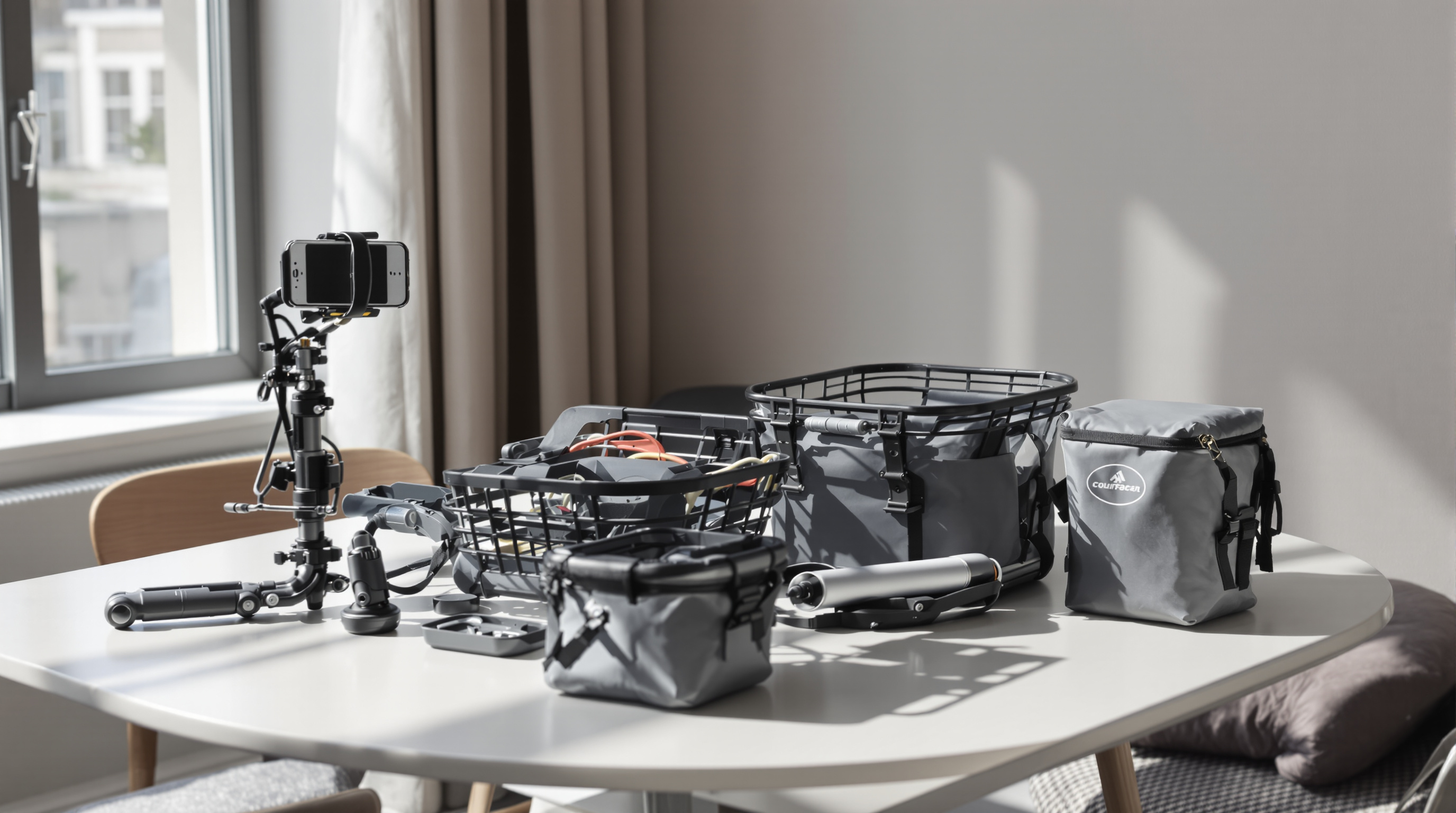 Photo of lightweight, modular scooter accessories displayed in a modern city apartment.