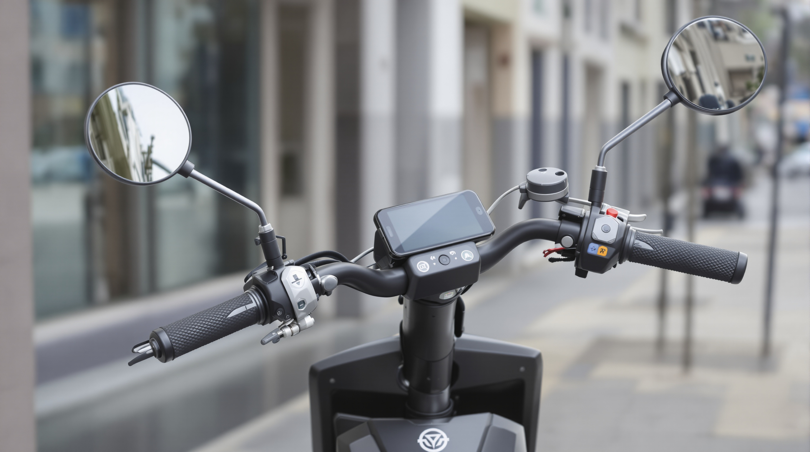 Photo of a city scooter with smart, IoT-enabled accessories parked on an urban street.
