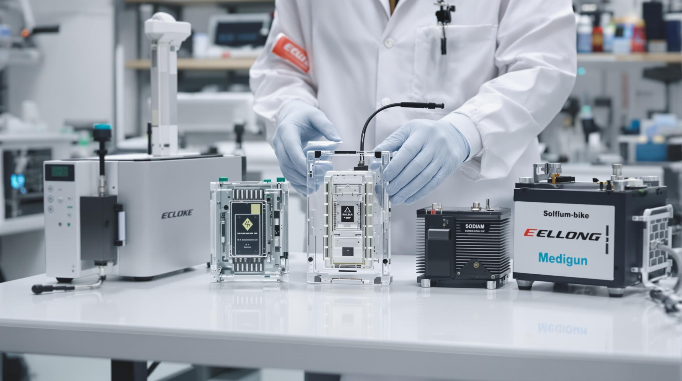 Photorealistic lab scene displaying advanced e-bike batteries, including solid-state and sodium-ion cells, with testing equipment