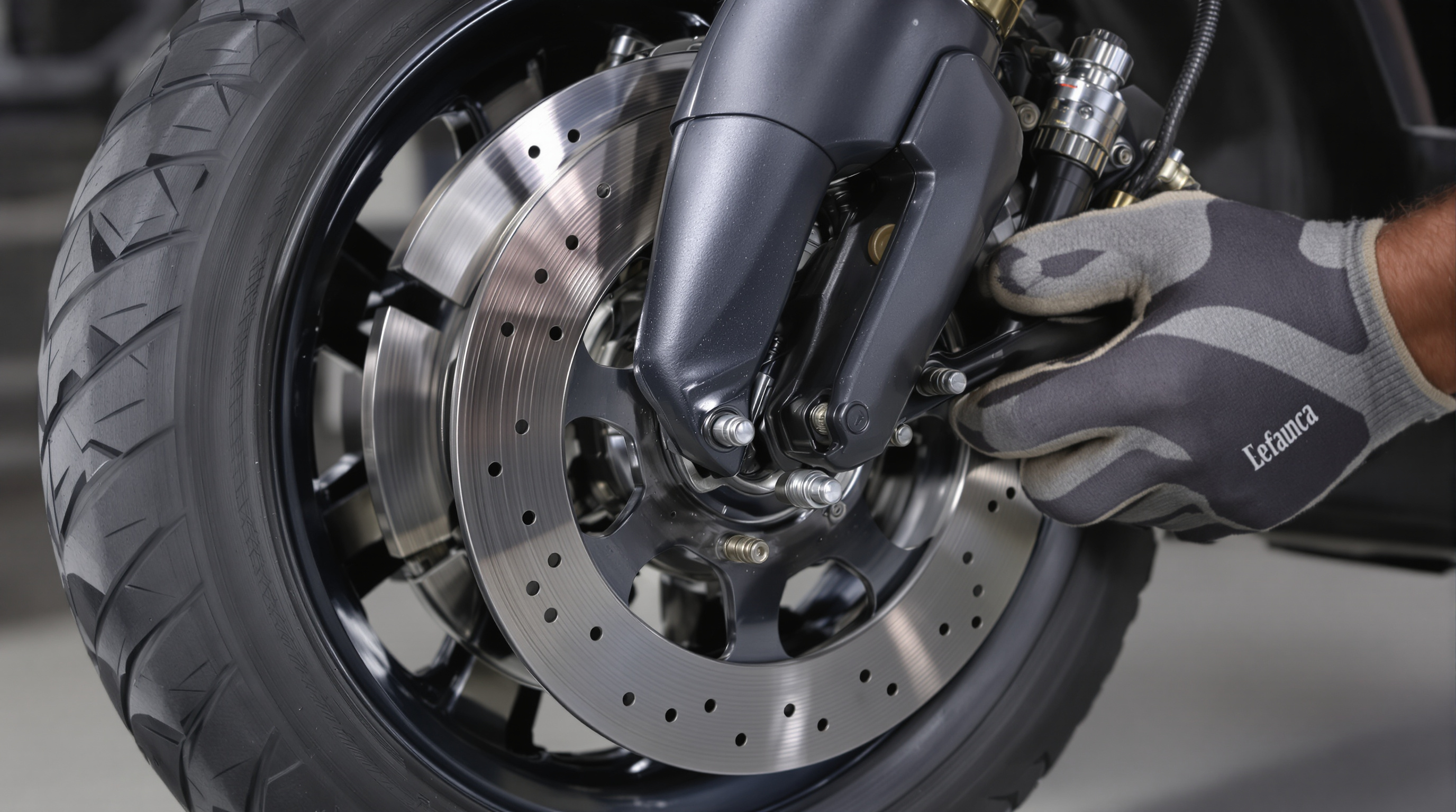 Electric delivery scooter disc brake system in close-up during operation.
