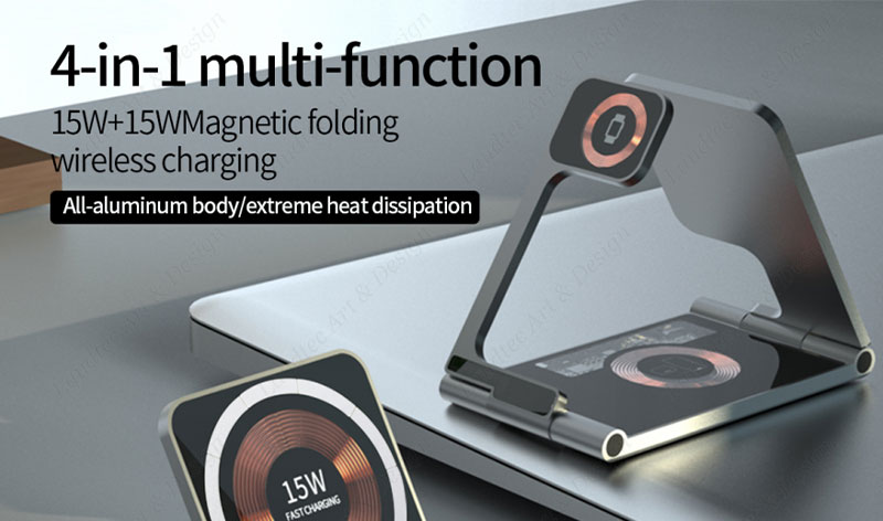 Laudtec KC003 Dual 4 In 1 5W 7.5W 10W 15W Stand Foldable Fast Portable Mobile Phone Chargers Wireless Charger For Iphone Samsung factory