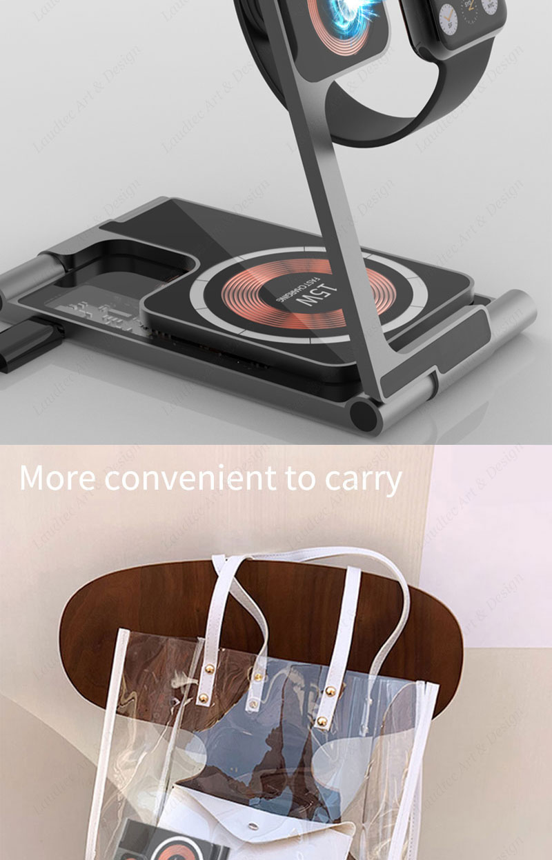 Laudtec KC003 Dual 4 In 1 5W 7.5W 10W 15W Stand Foldable Fast Portable Mobile Phone Chargers Wireless Charger For Iphone Samsung manufacture