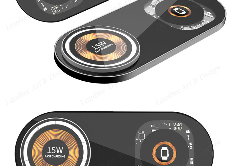 Laudtec KC015 15W Mobile Chargers Aluminum Foldable 3 In 1 Fast Phone Stand Transparent Wireless Charger For Iphone Samsung details