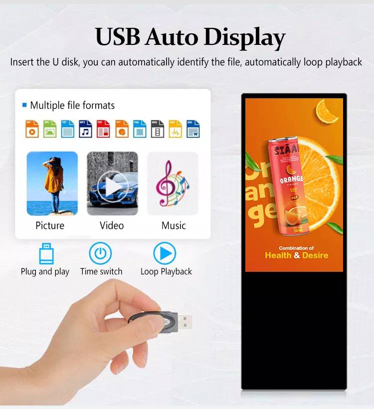 Customized 43 49 55 inch movable LCD advertising touch screen media 4k poster portable digital signage display kiosk supplier