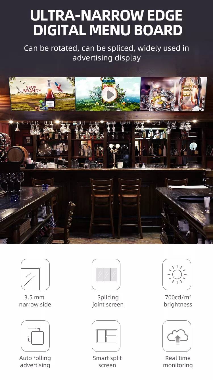 digital menu board Ultra-Thin ceiling mount advertising display for restaurant coffee shop with free software factory