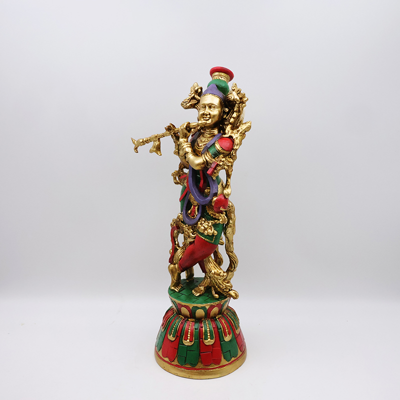 OEM Custom retro religious god electroplating brass color idol figurine resin crafts lord radha krishna statue home decor supplier