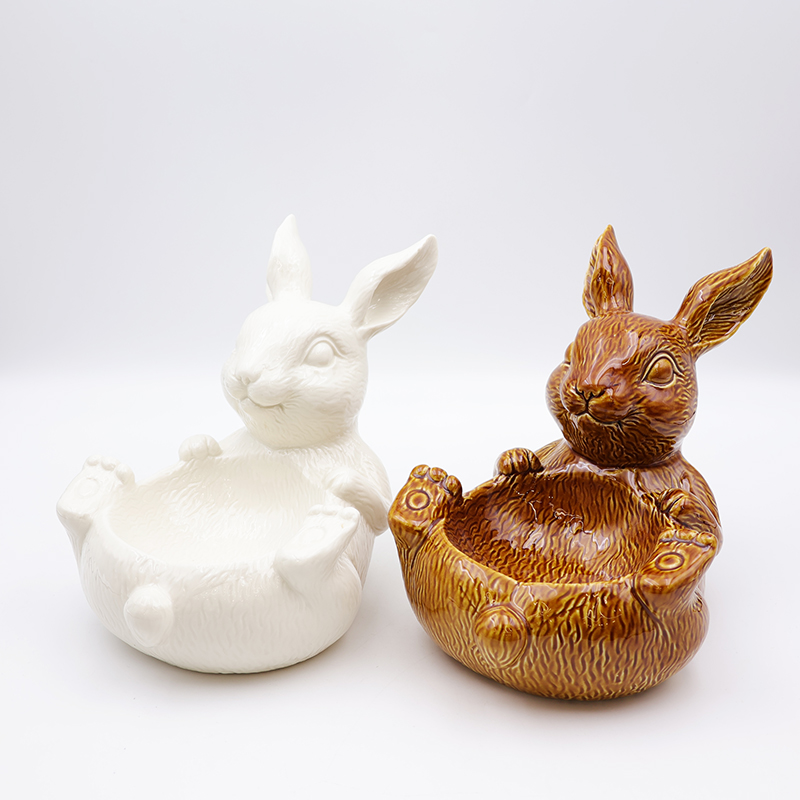 OEM Nordic home decor holiday kitchen ware storage snack container custom cute ceramic Easter brown bunny bowl dishes details