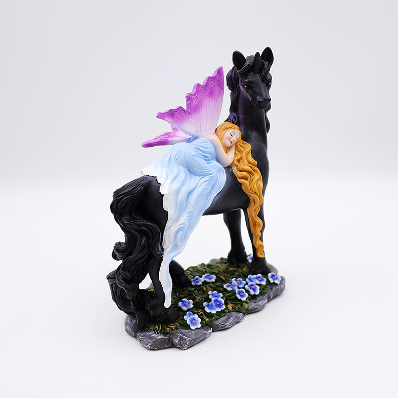 OEM home garden decor miniature 3d figure statue custom resin craft beautiful mystical fairy and black unicorn figurines supplier