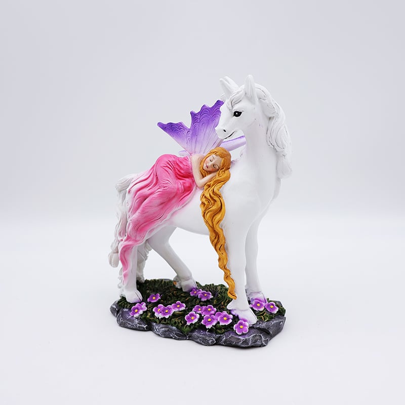 OEM home garden decor handmade miniature 3d figure statue custom resin craft mystical fairy and white unicorn figurines details
