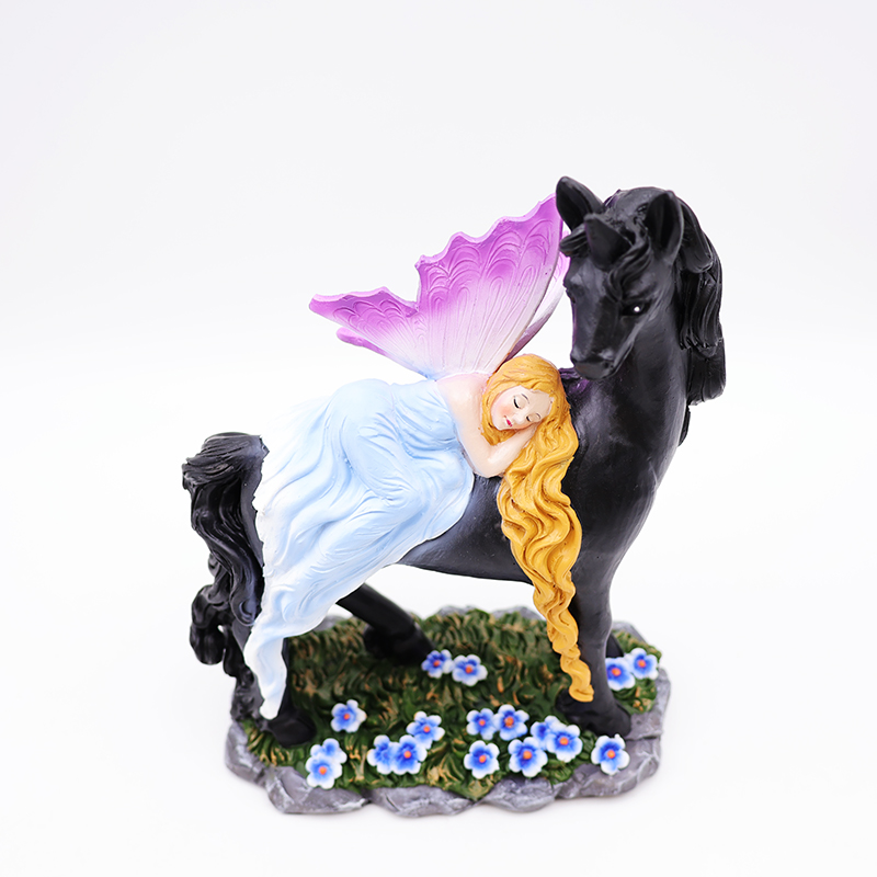 OEM home garden decor miniature 3d figure statue custom resin craft beautiful mystical fairy and black unicorn figurines details