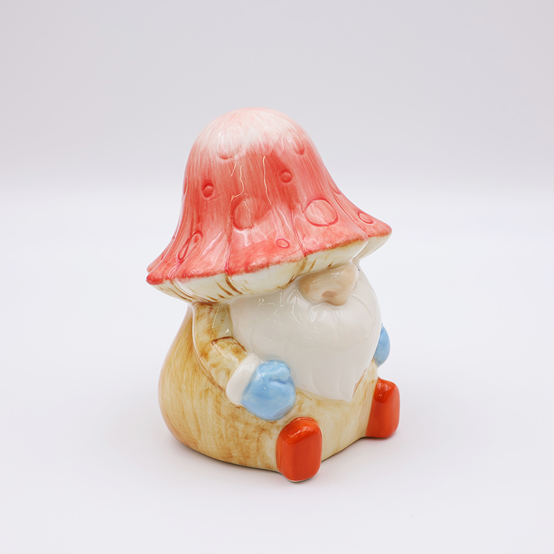 OEM Custom new home decor cute 3d figure statue ceramic fanshaped pink mushroom gnome figurine ornaments gift supplier