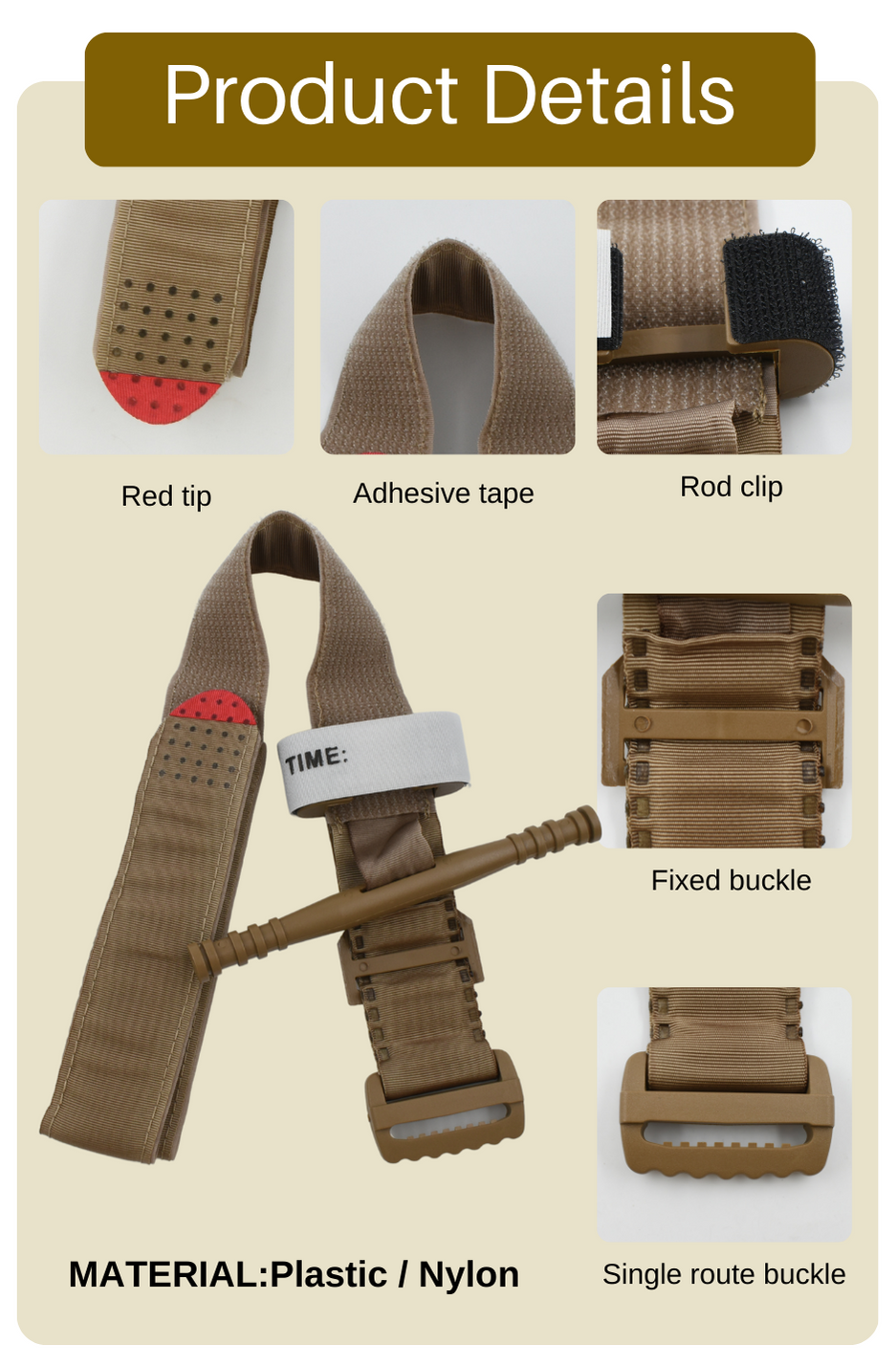 Anthrive High Quality Tan Brown Nylon Application Survival Trauma Combat Hemostatic First Aid Emergency Cat Tactical Tourniquet manufacture