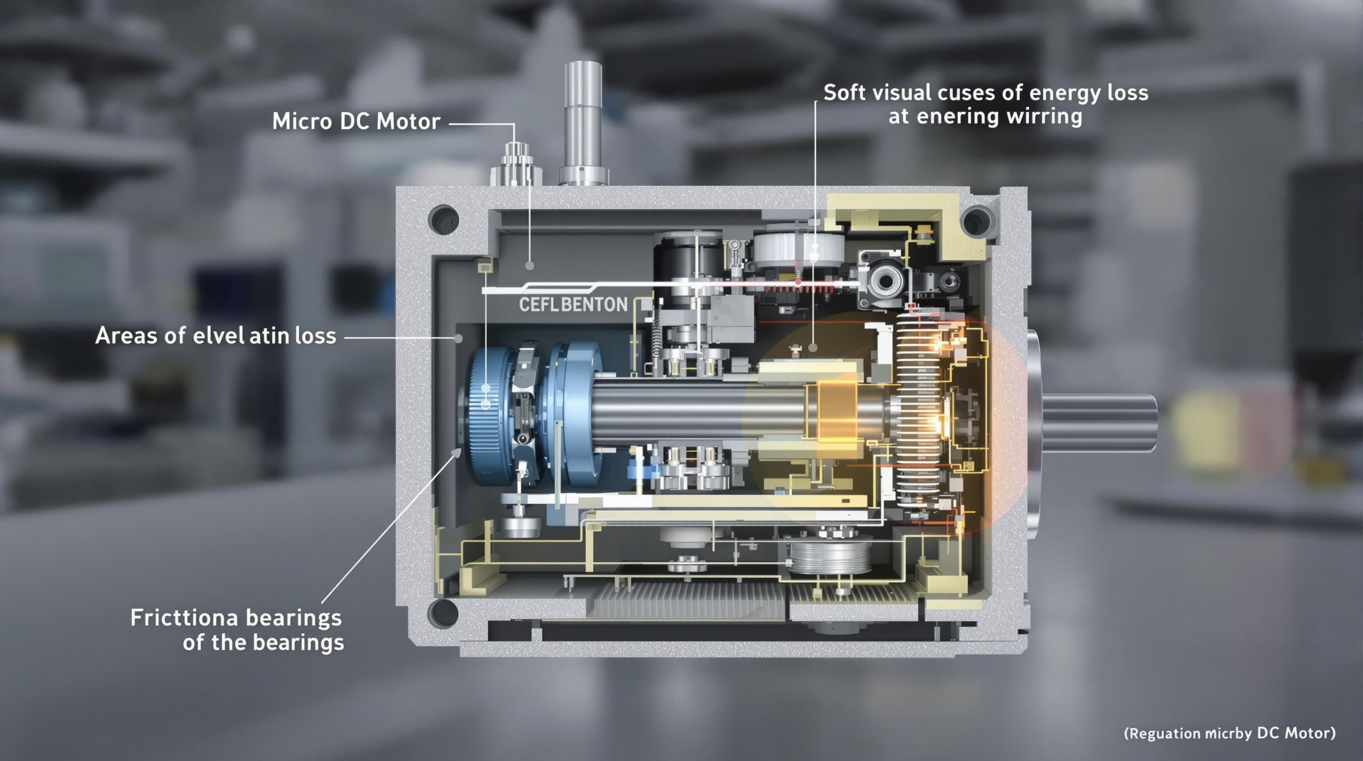 Photorealistic cross-section of a small DC motor highlighting sources of energy loss like winding heat and bearing friction
