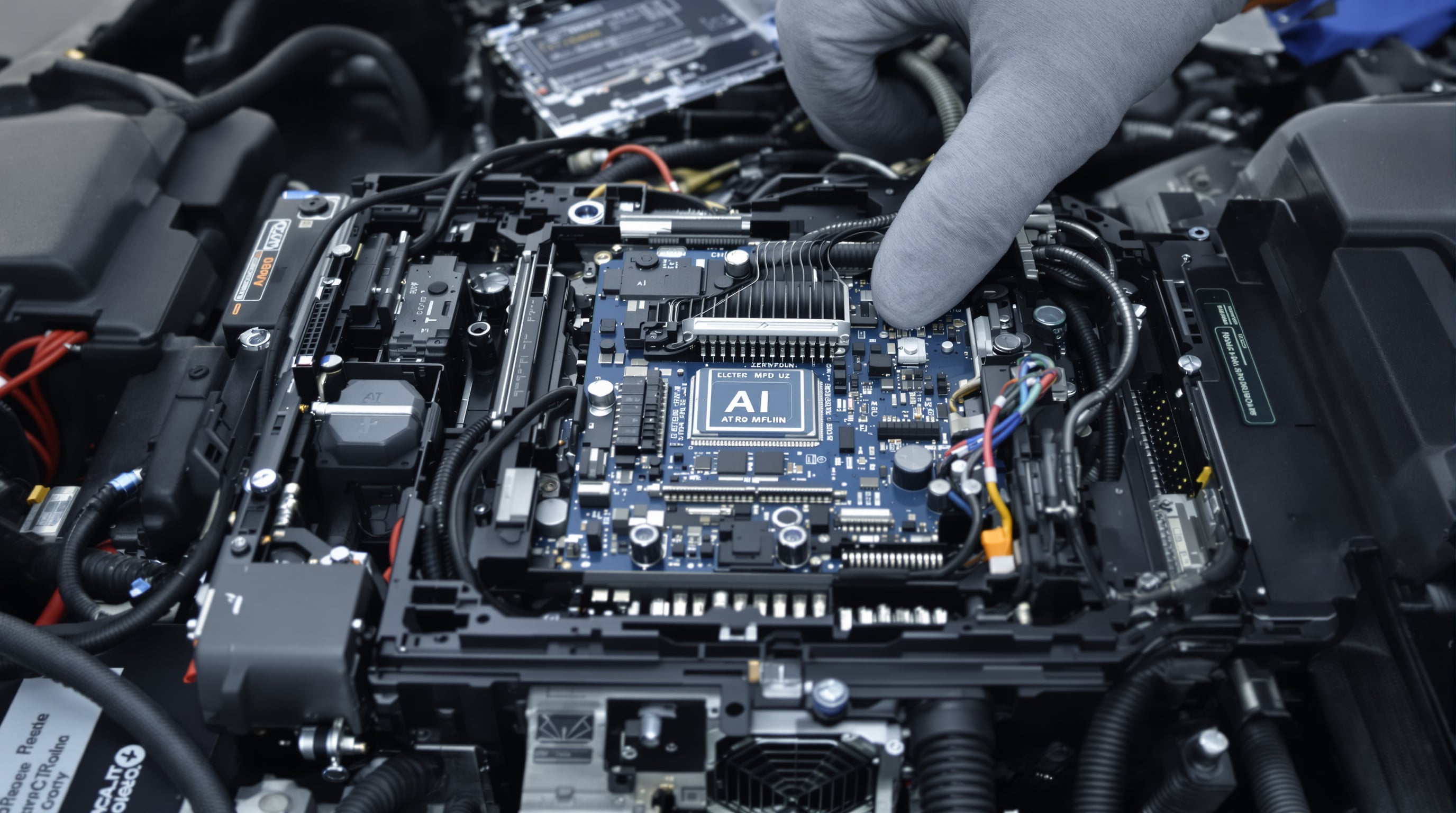 Open EV motor controller showing AI chips, wiring, and technician’s gloved hand