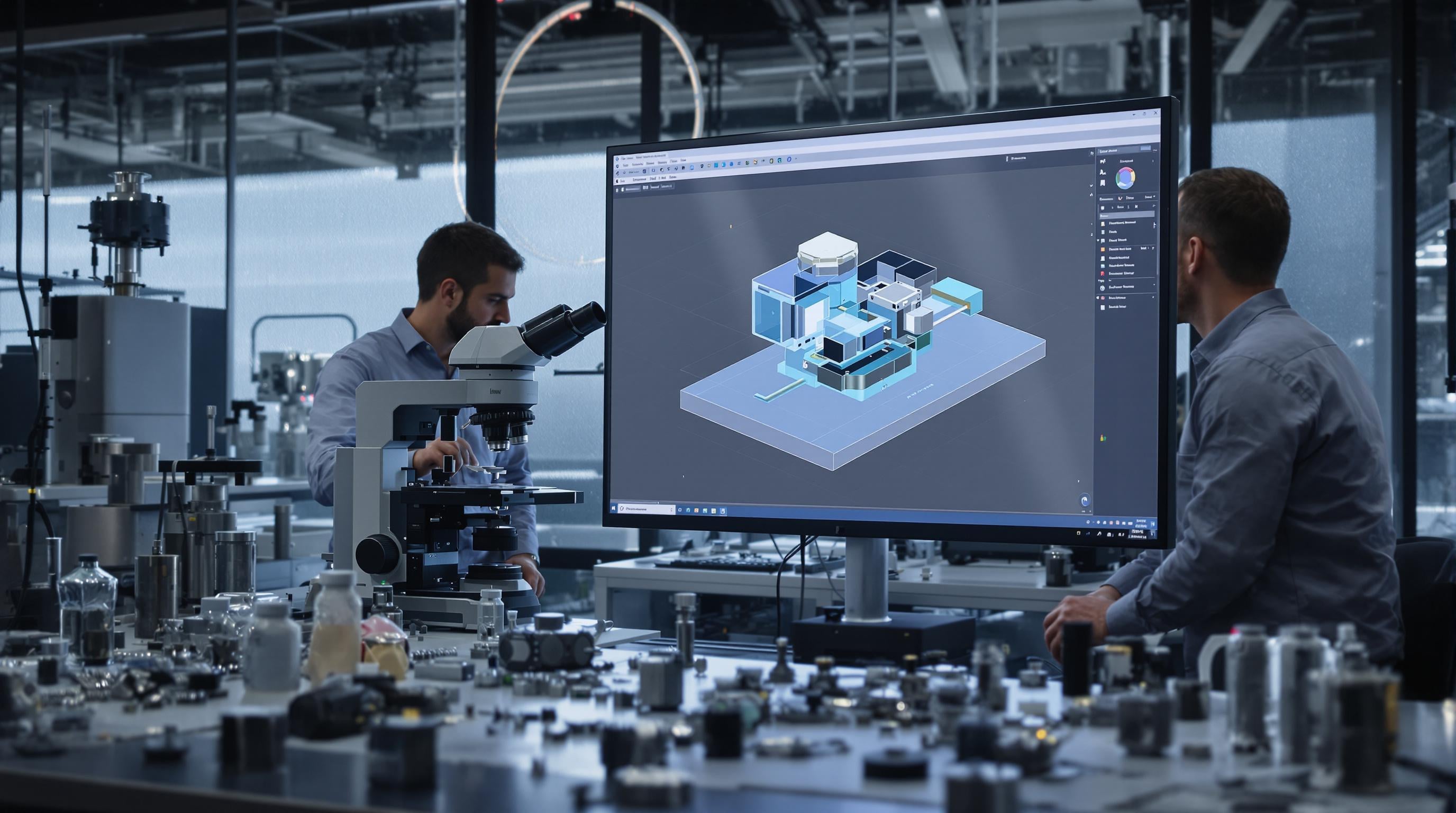 Engineers using a microscope and computer simulation tools to develop micro stepper motor prototypes in a laboratory