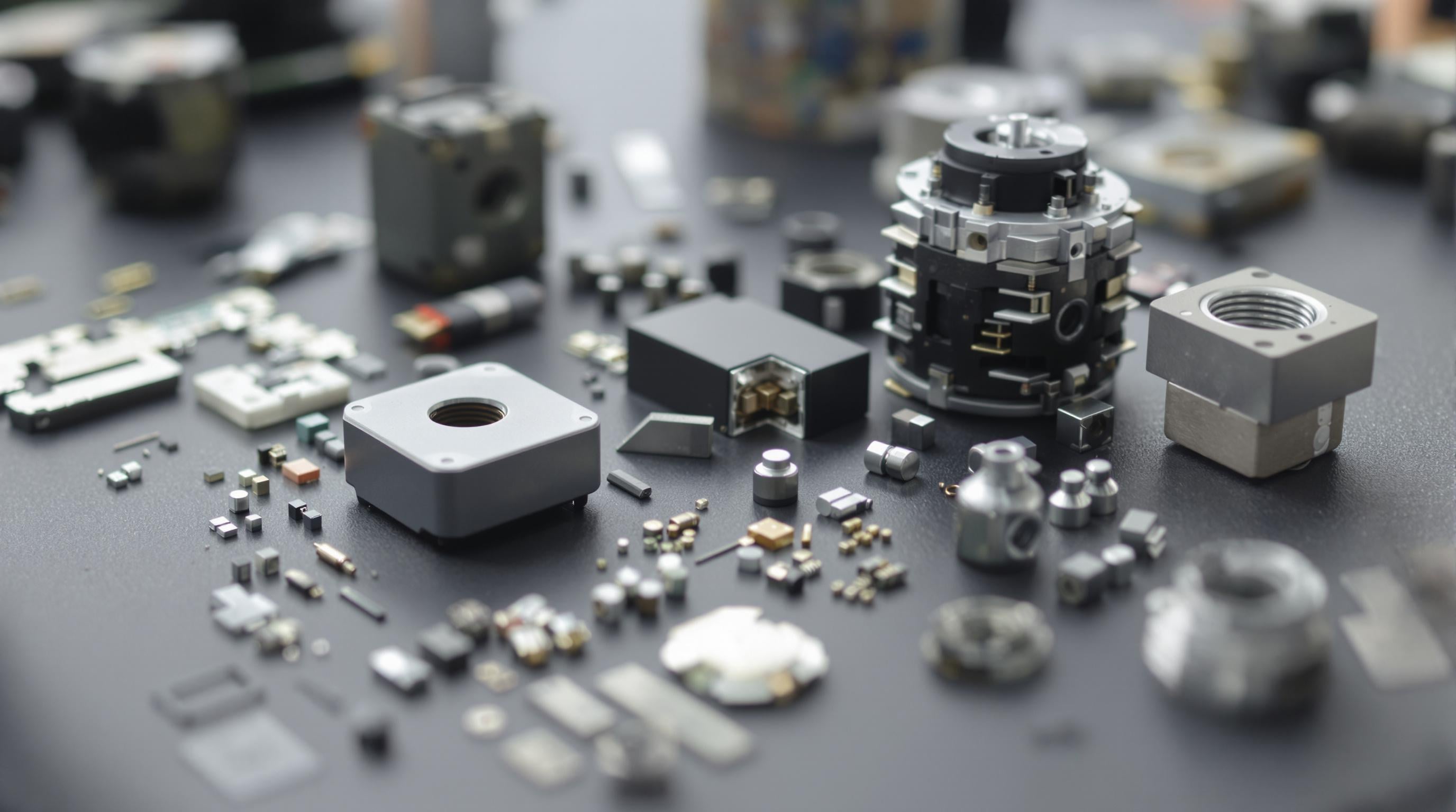 Micro stepper motor components such as piezoelectric ceramics, shape memory alloys, and miniature stator-rotor parts arranged on a workbench