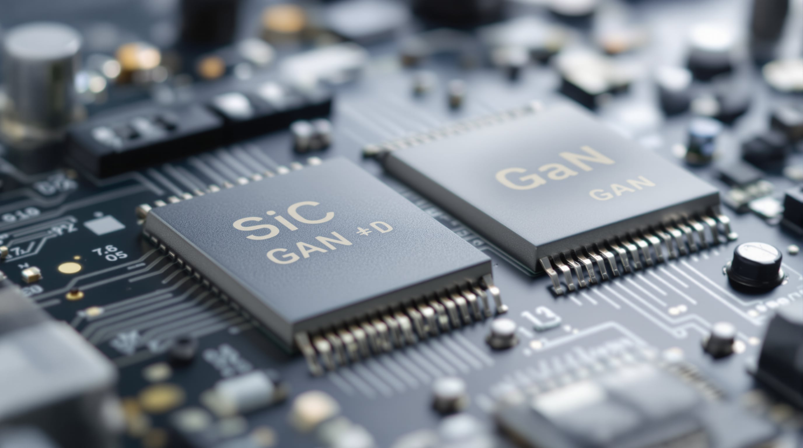 Close-up of SiC and GaN semiconductor chips on a motor controller circuit board
