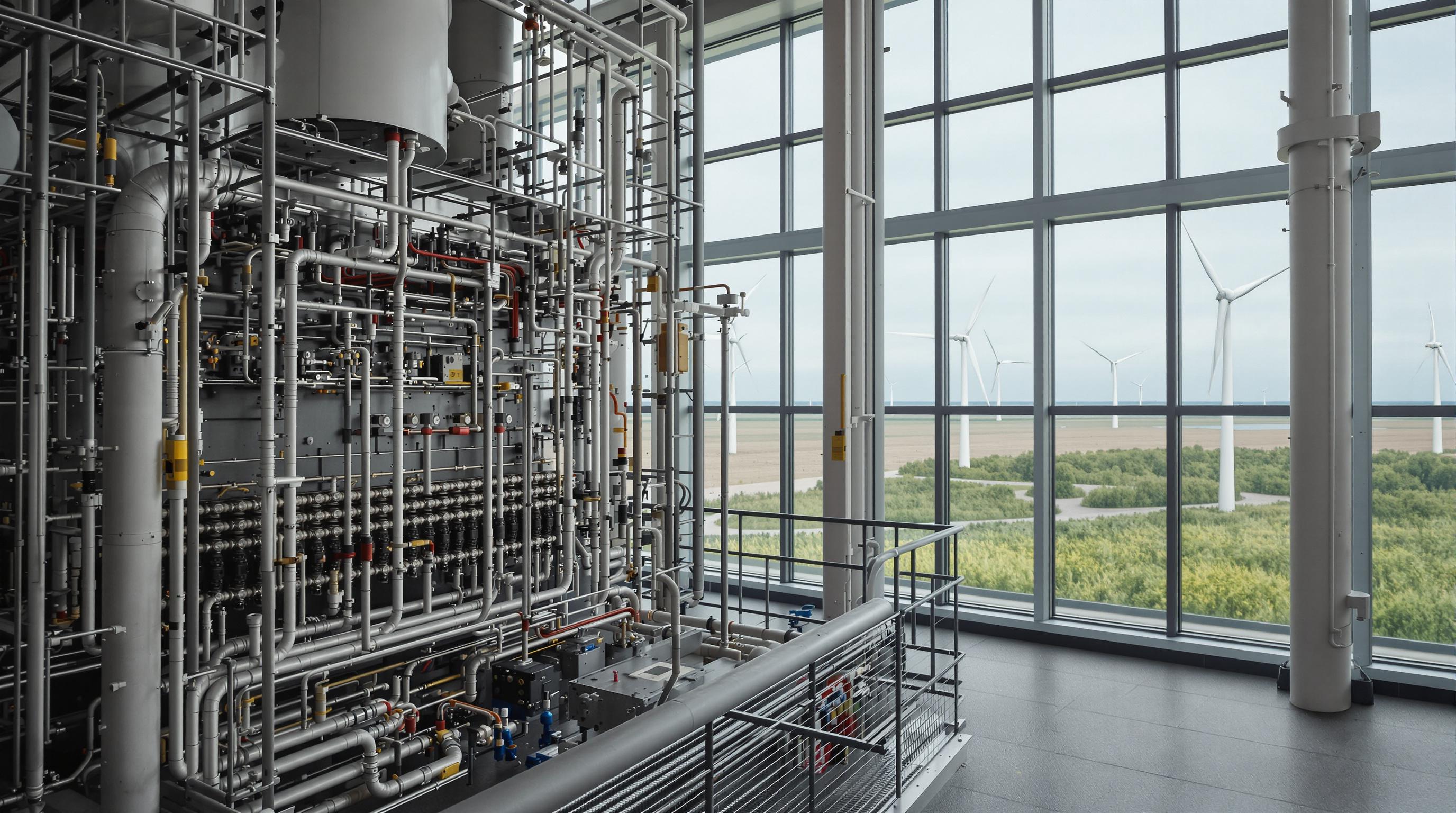 Electric cracking furnace setup in a factory, with wind turbines visible outside to represent renewable energy integration