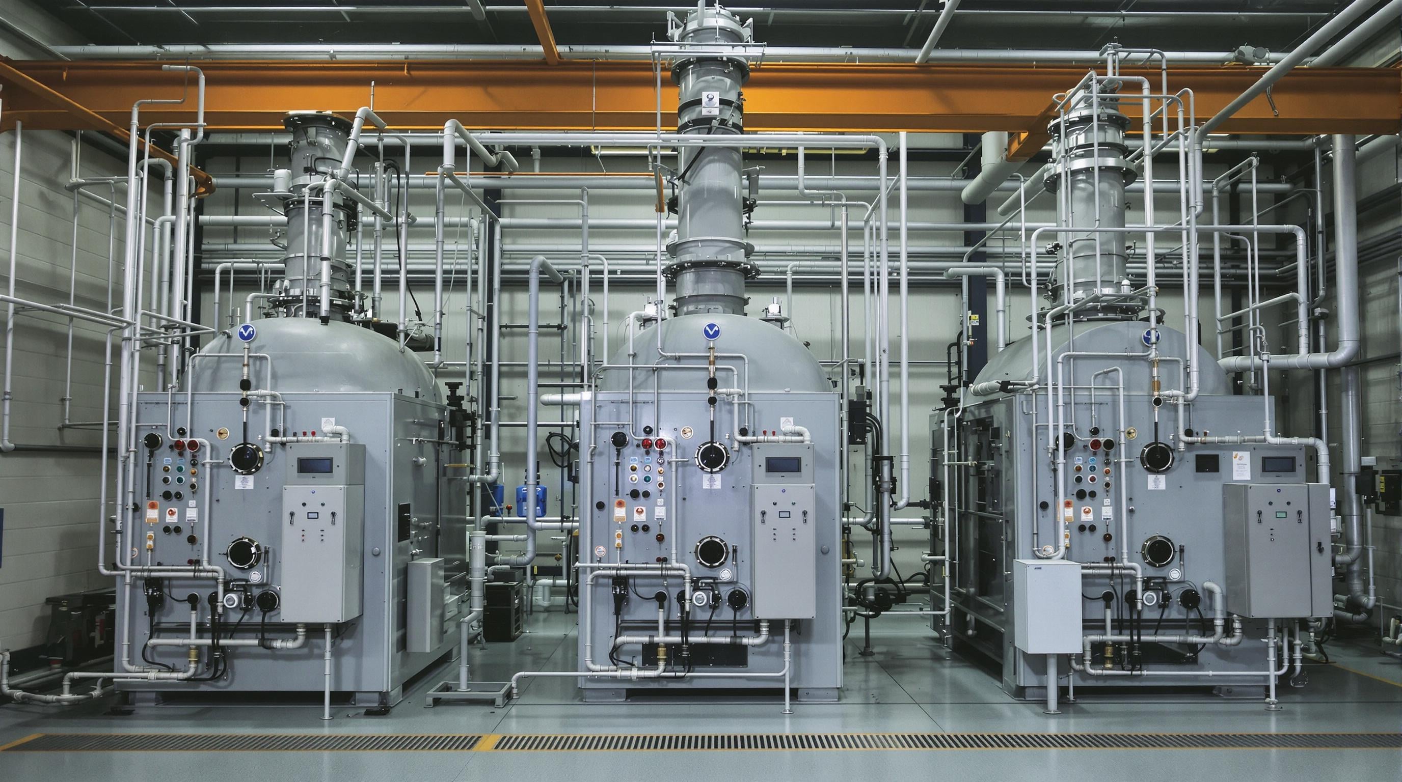 Interior view of a modern industrial facility showing separate reactors for pyrolysis, gasification, and hydrothermal liquefaction, with control equipment and muted tones.