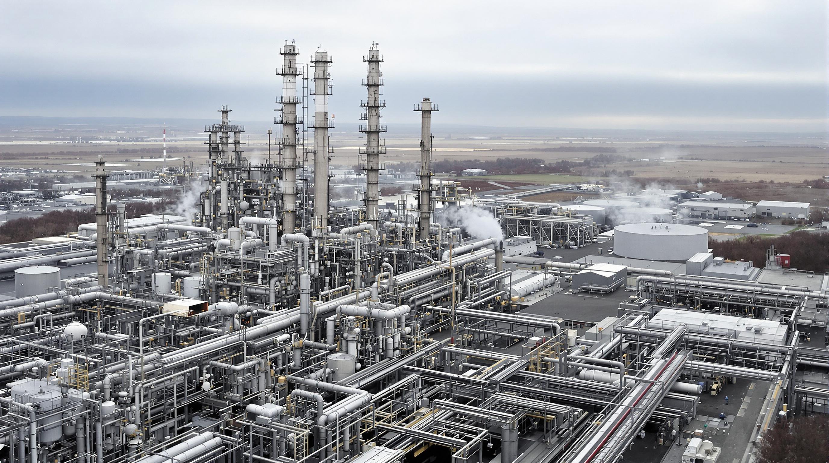 An oil refinery with large cracking units and extensive carbon capture infrastructure