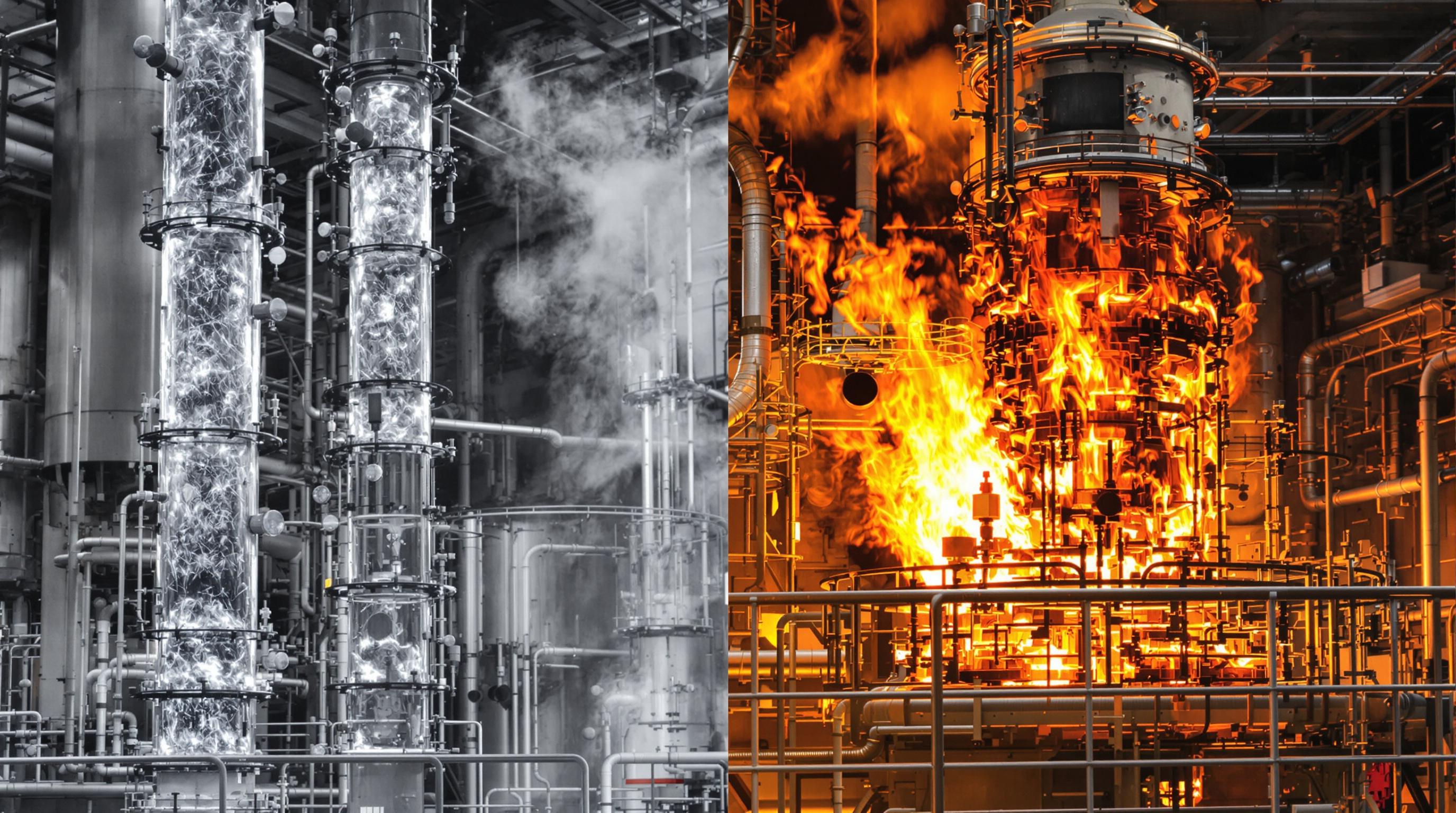 Side-by-side view of crude oil distillation and pyrolysis reactors in an industrial refinery setting