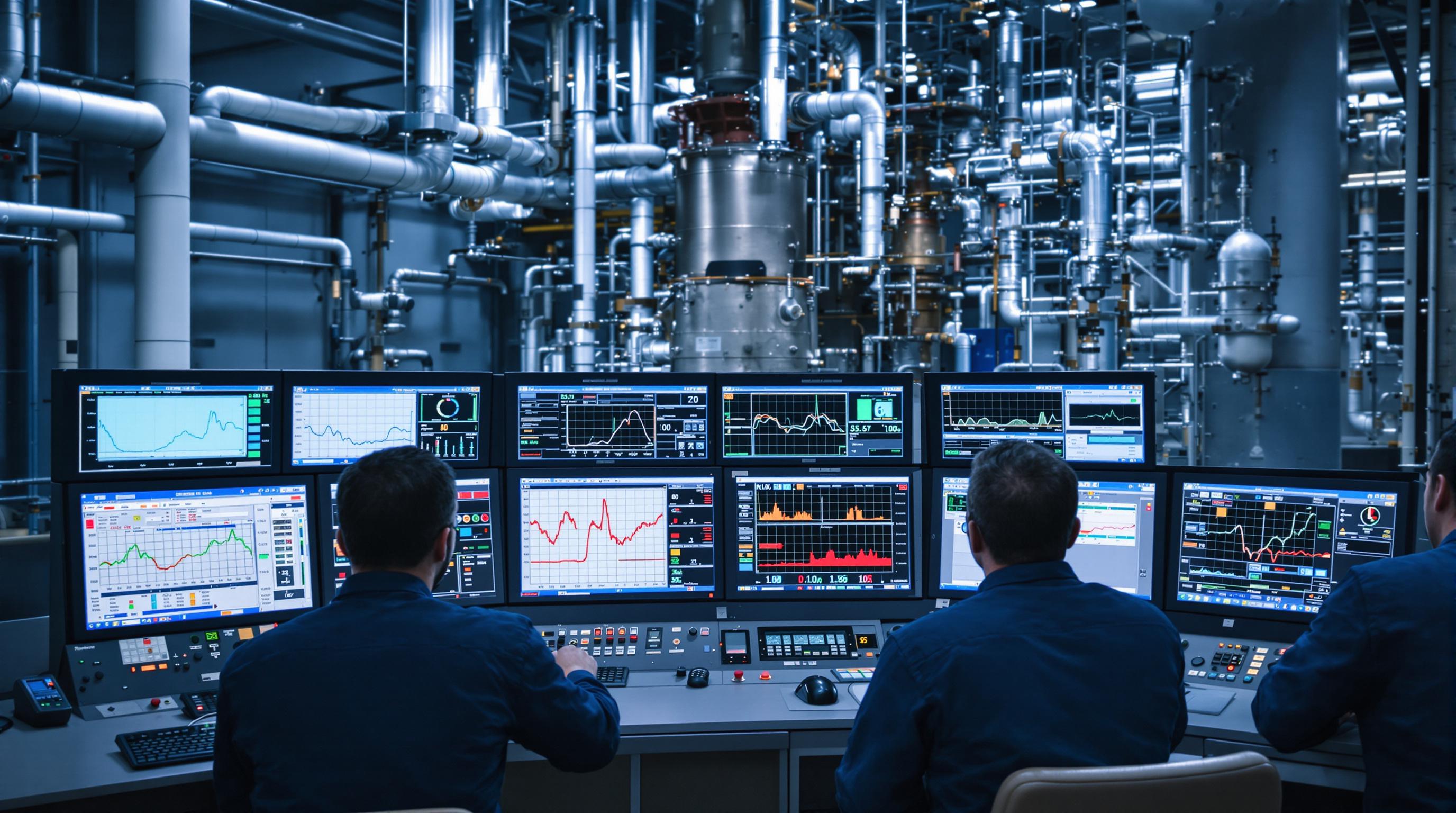 Engineers optimizing cracking furnace parameters in a refinery control room