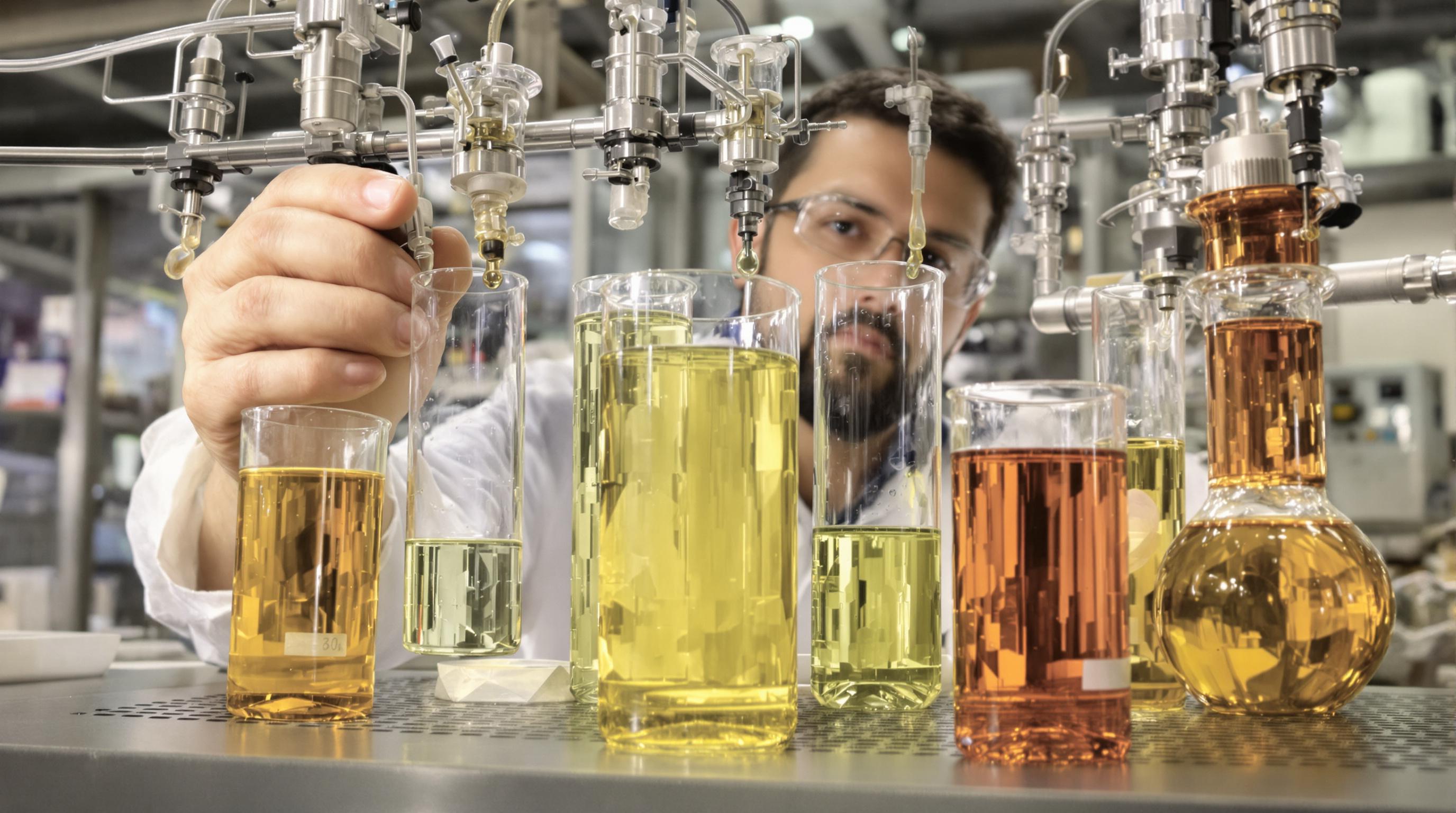 Lab technician examining diverse oil and gas samples from distillation and pyrolysis processes
