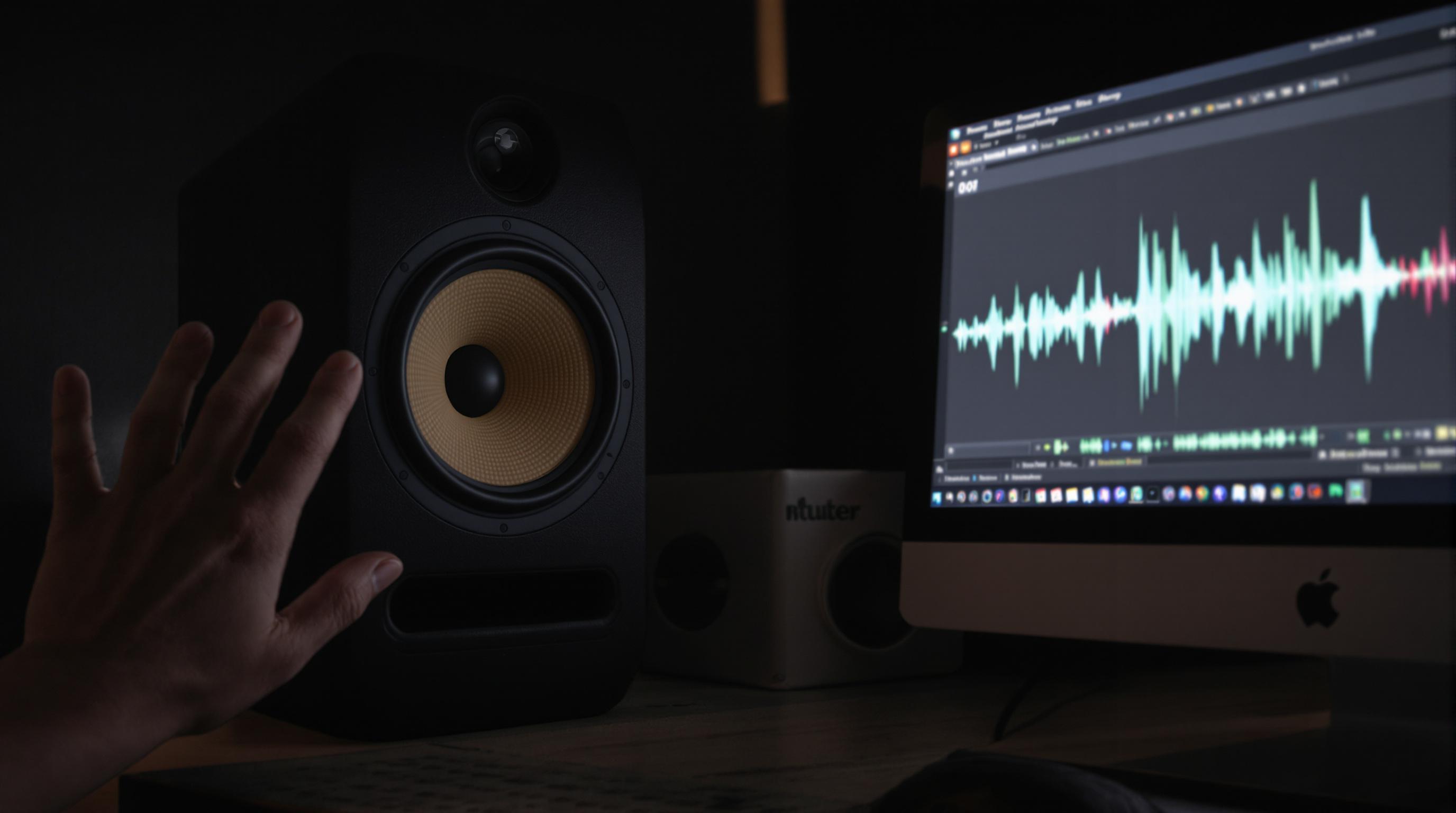 Studio monitor in standby with a hand reaching toward it and subtle signal activity on a computer screen