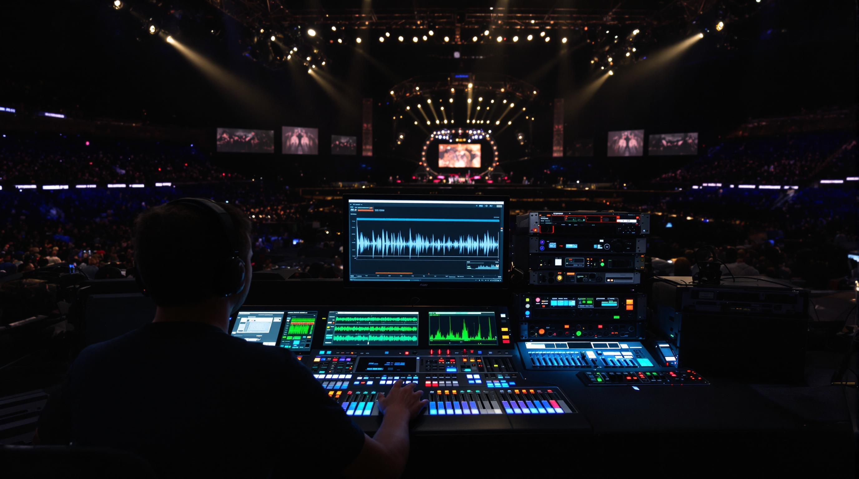 Sound engineer operating digital mixing console with signal processors in concert setting