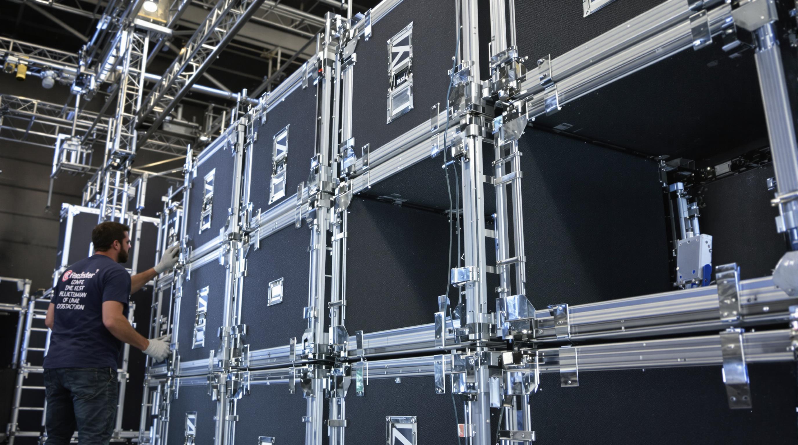 Stage technicians assembling modular speaker cabinets with standardized connectors in a backstage setting