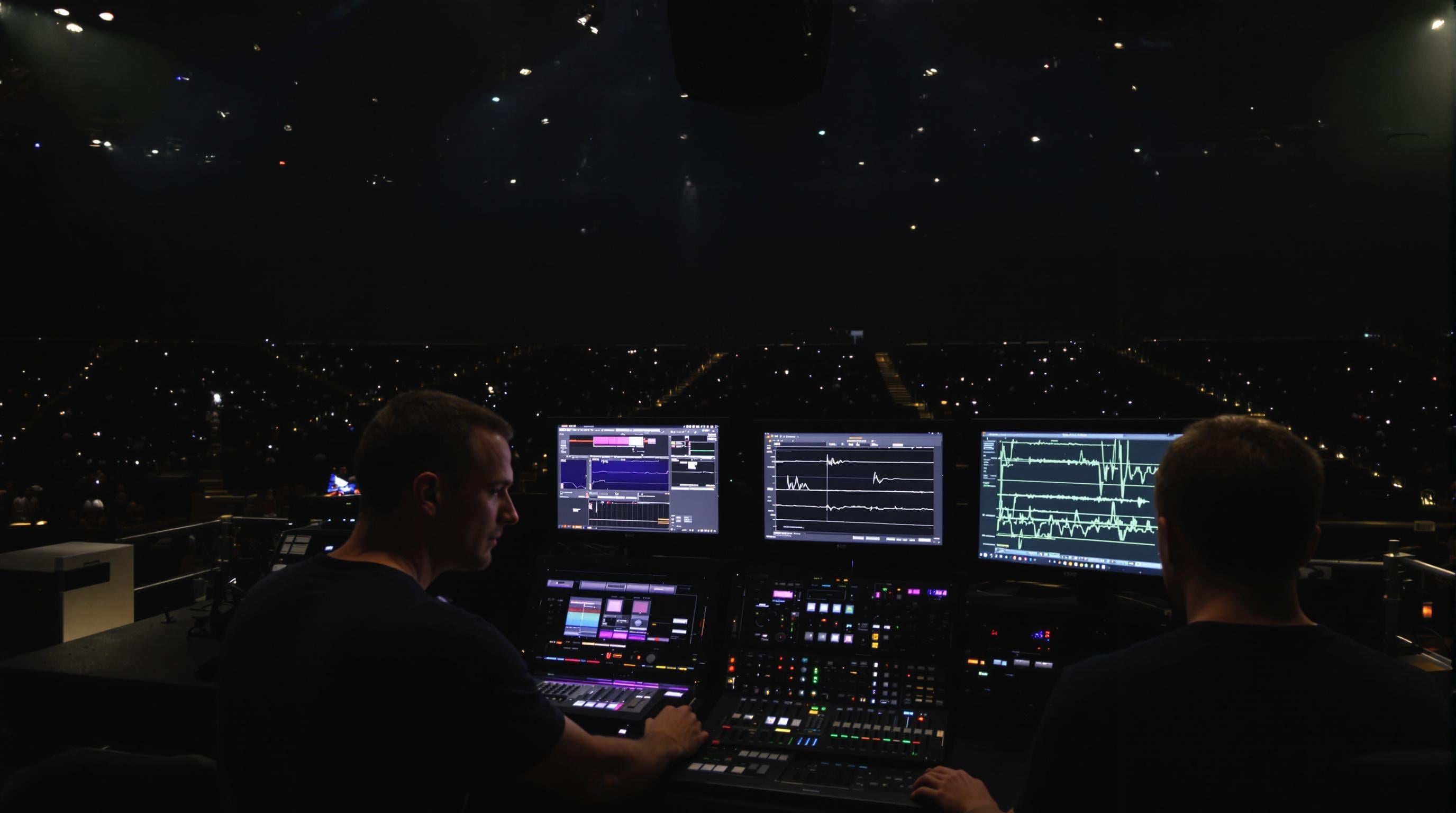 Photorealistic image of a technician managing delay settings on processors with subwoofer arrays in a concert hall
