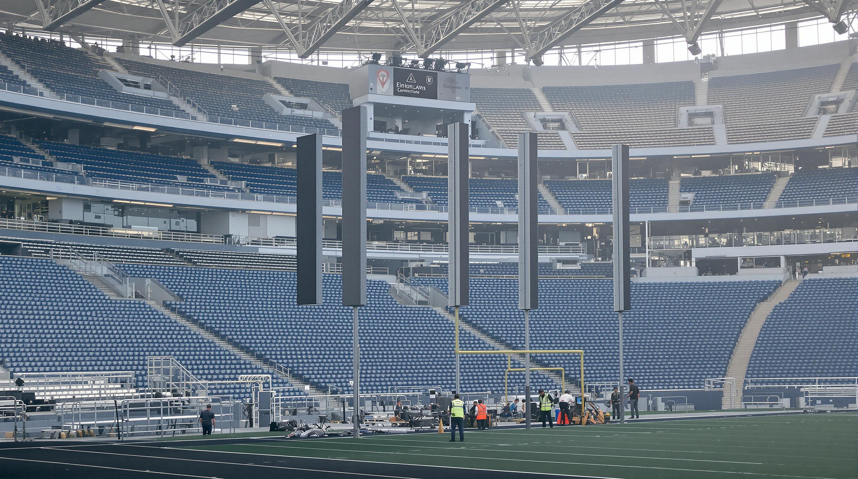 Photorealistic stadium interior with column loudspeakers placed among multi-level seating