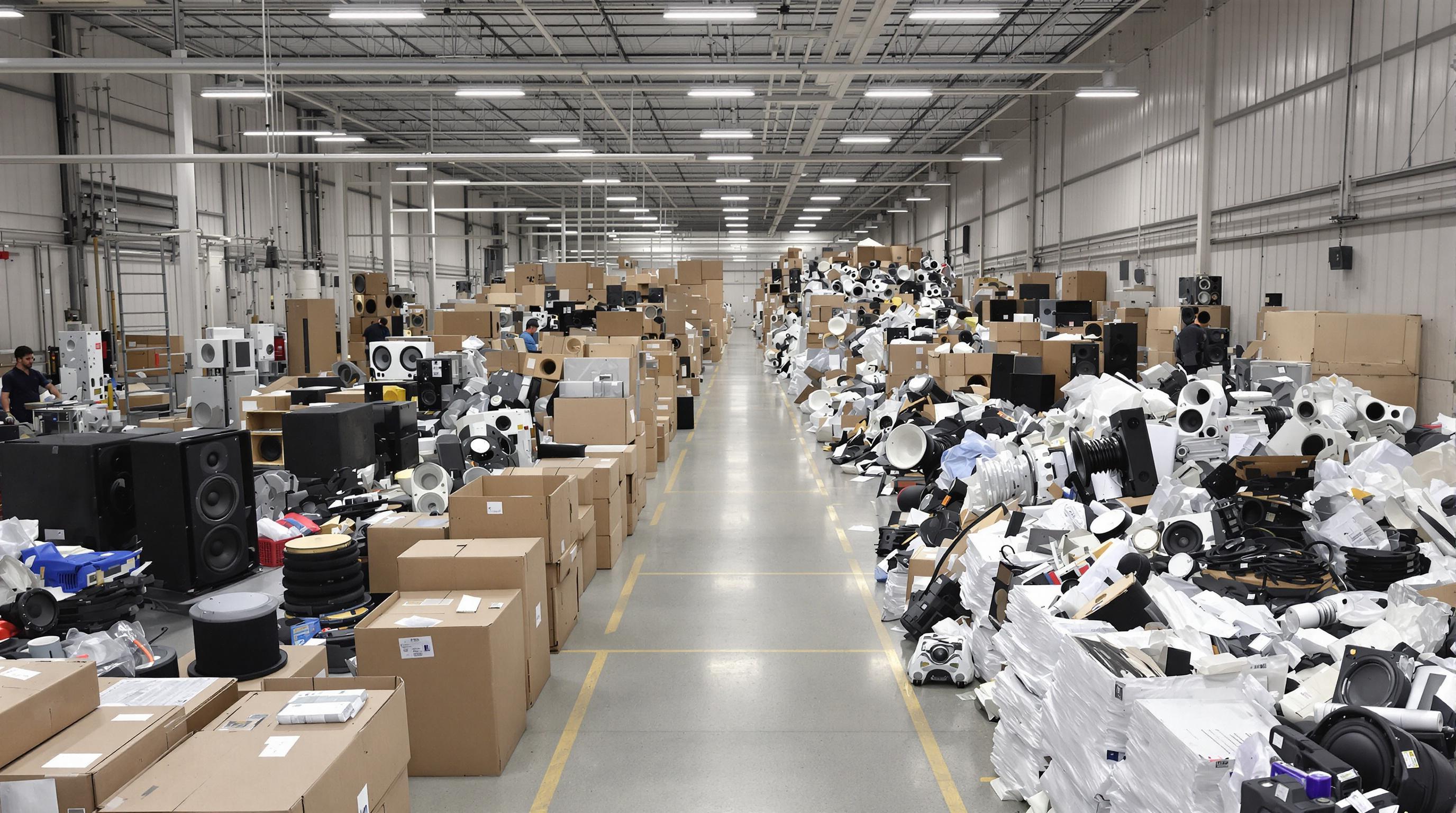 Speaker manufacturing process showing assembly line and separated recyclable components