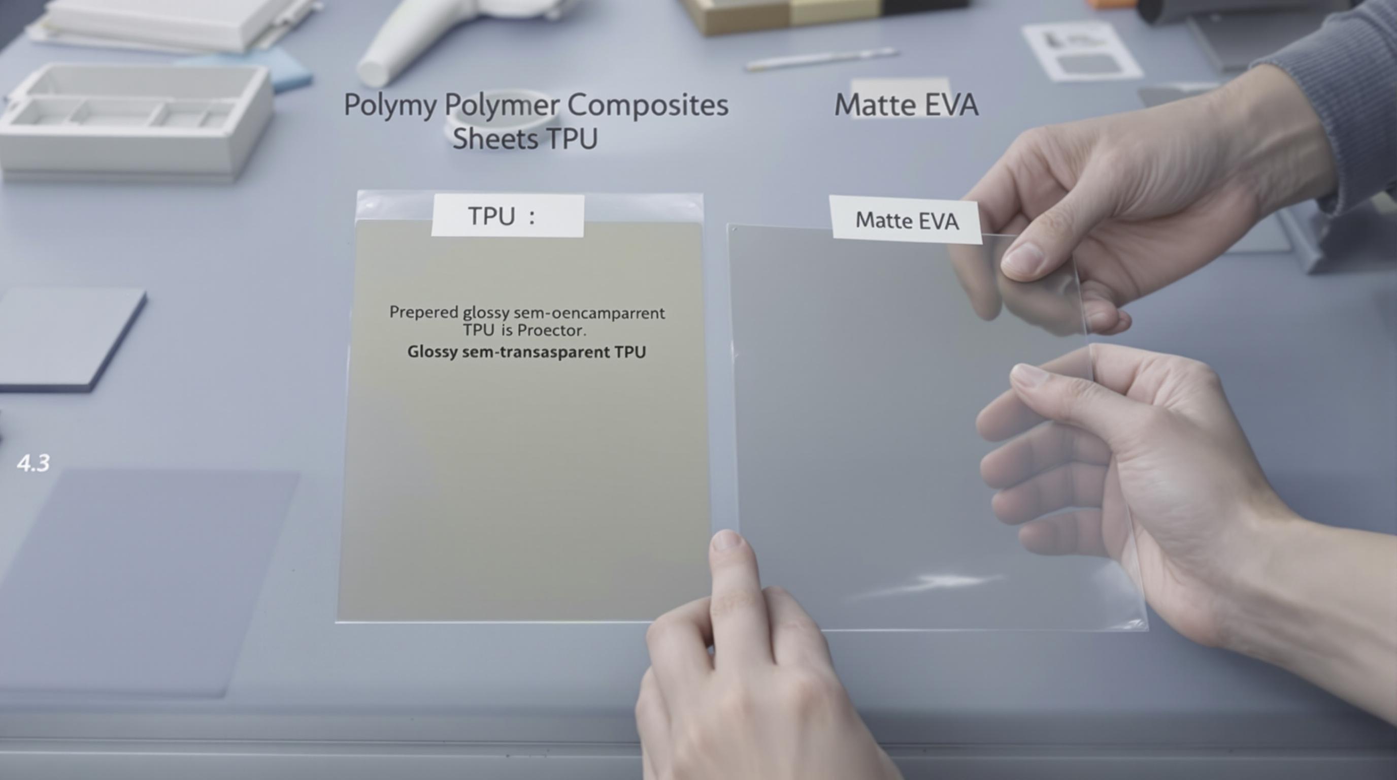 Hands comparing different polymer sheets for back protection on a workbench