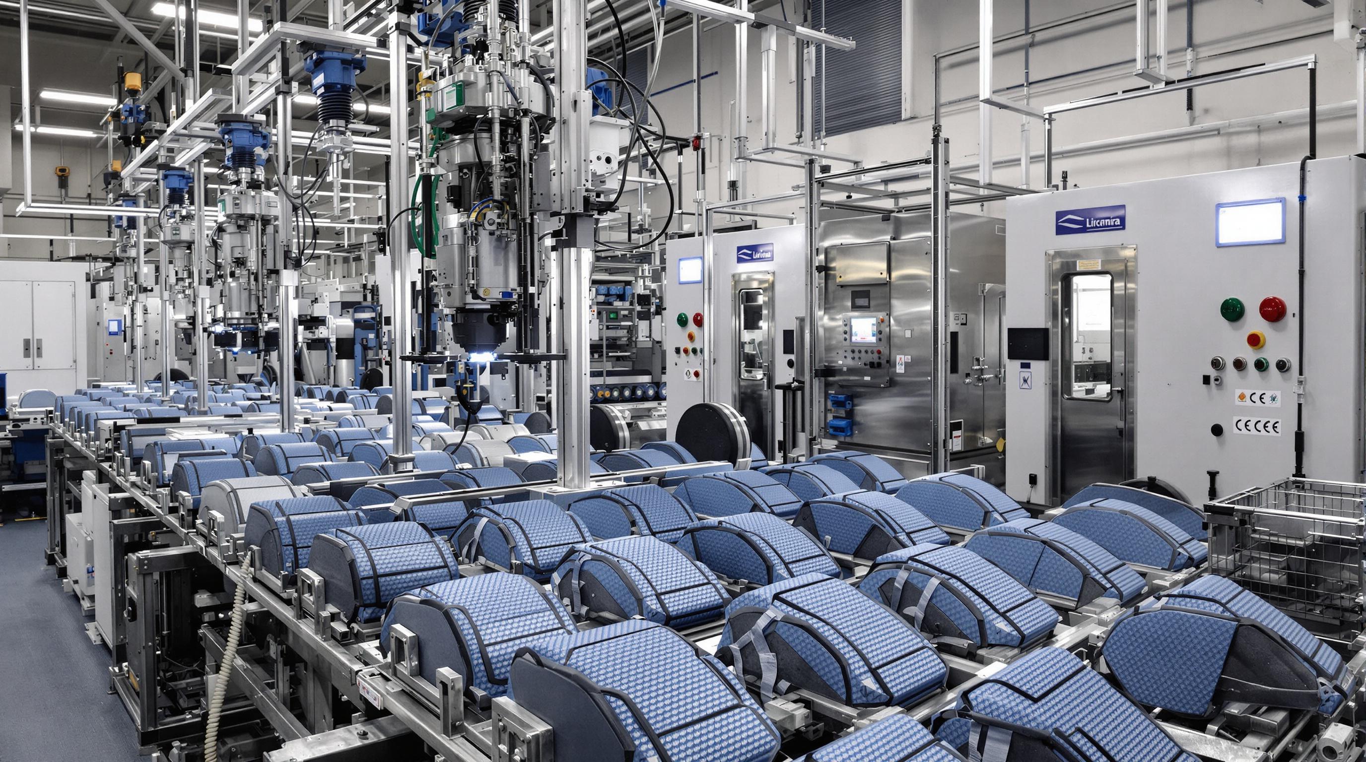 Factory scene with back protectors being tested by automated machines under strict certification processes