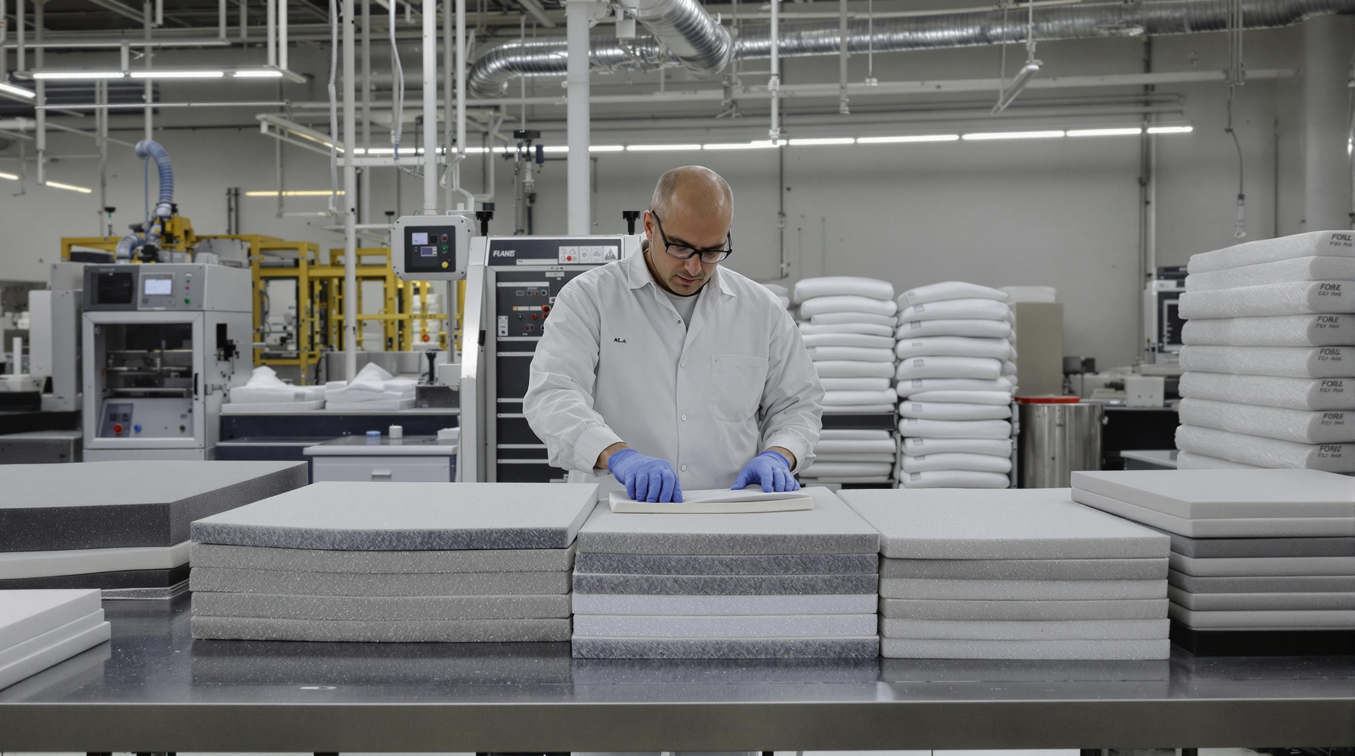 Quality control inspector examining back protector materials in a laboratory environment