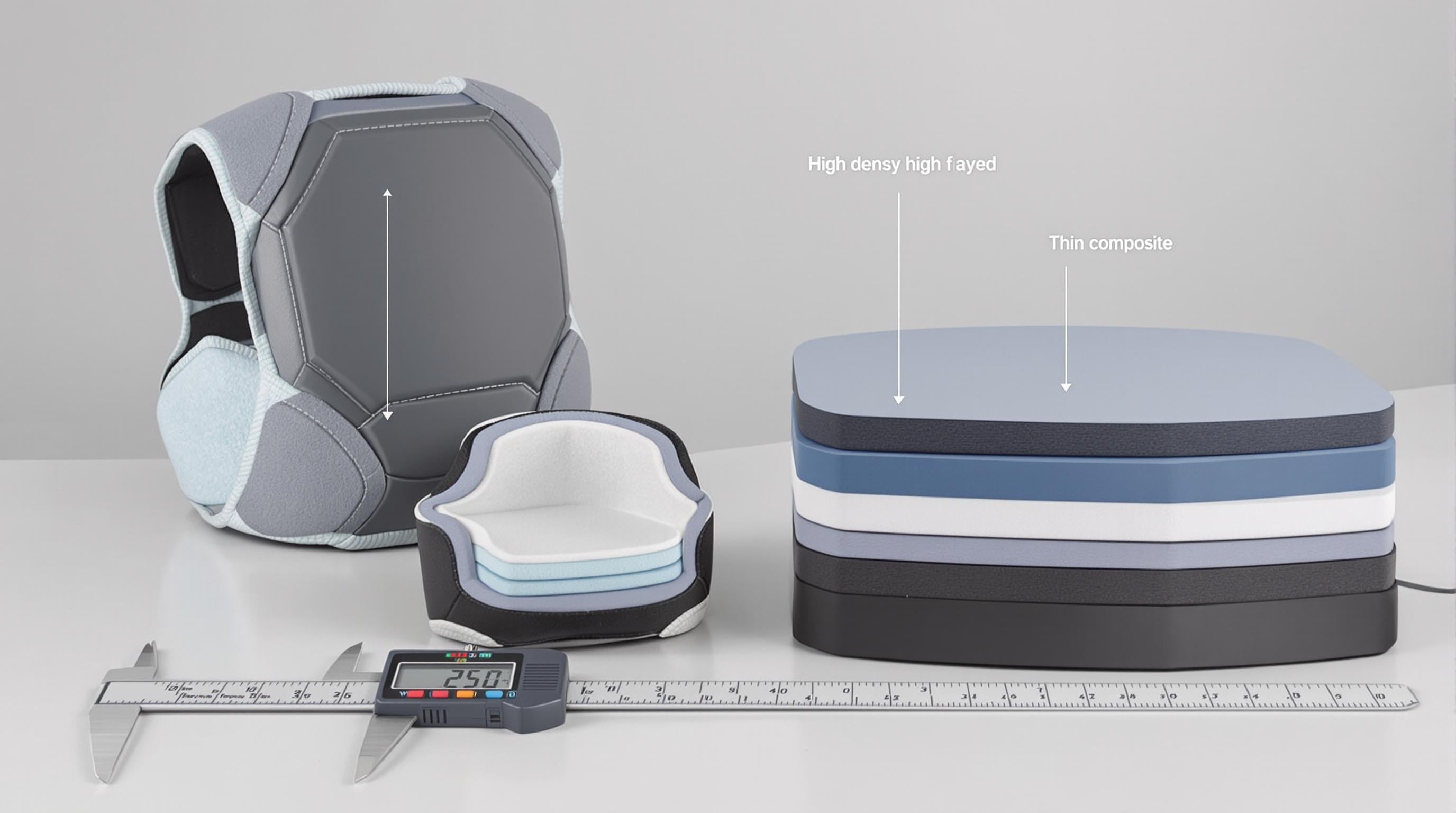 Modern ski back protectors showing layered materials and thickness measurement