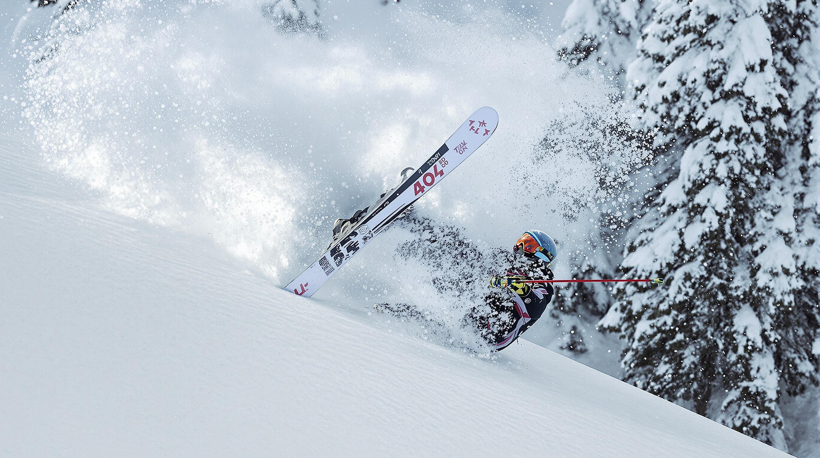 Photorealistic image of a skier crashing backward on an alpine slope, emphasizing biomechanical forces