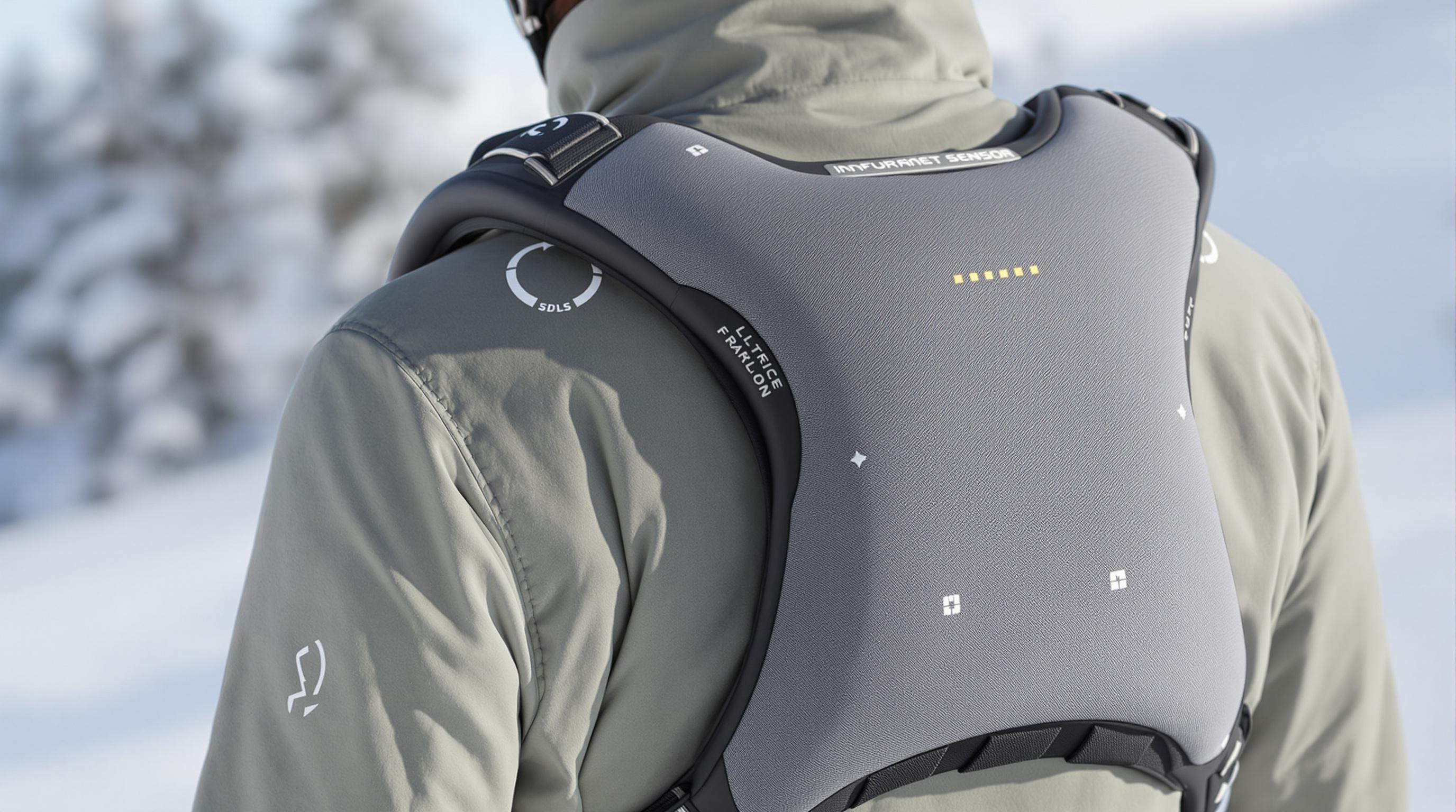 Detailed photo of a modern ski back protector with visible sensors and flexible adaptive materials on a snowy background