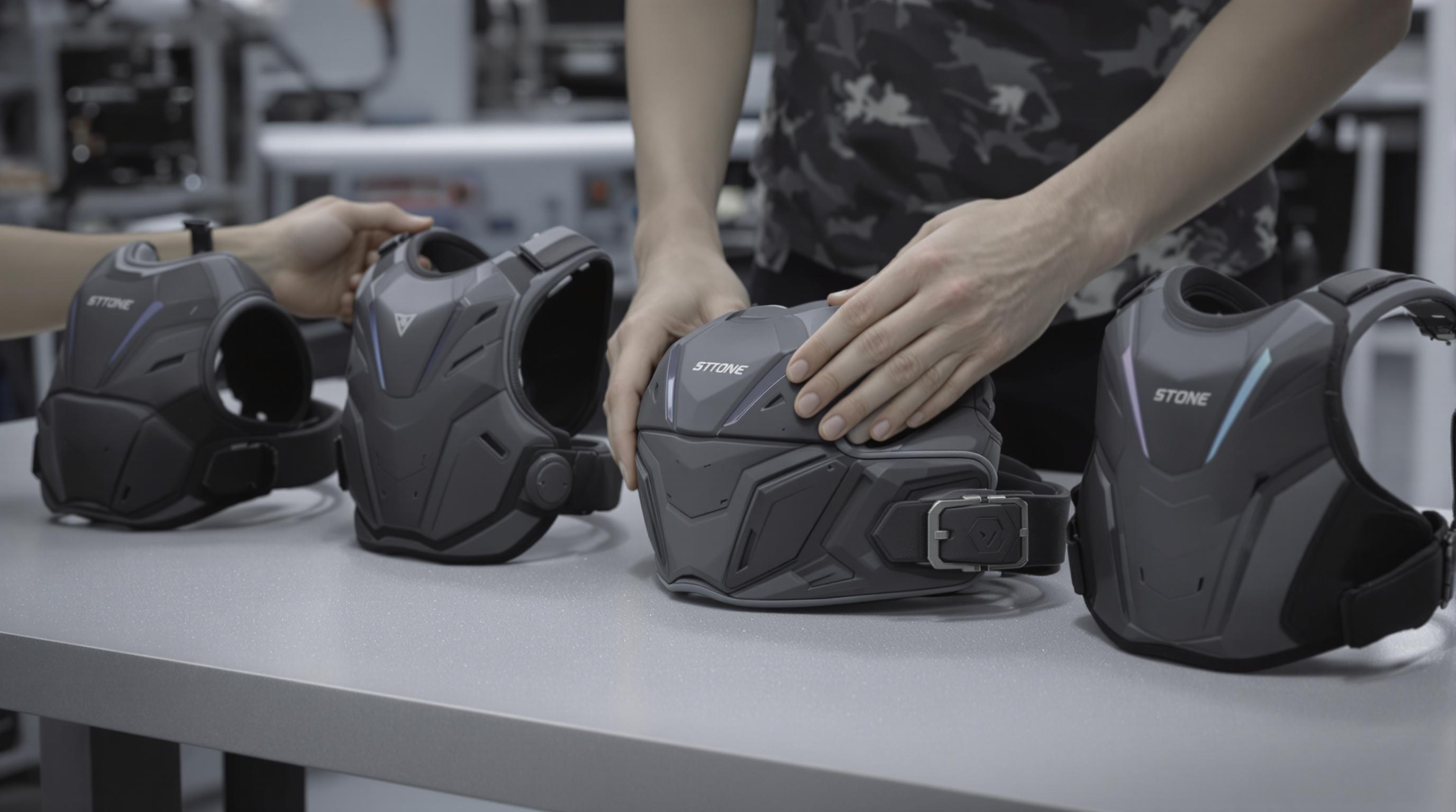 Motorcycle back protectors on a table, one being flexed in a technical lab setting