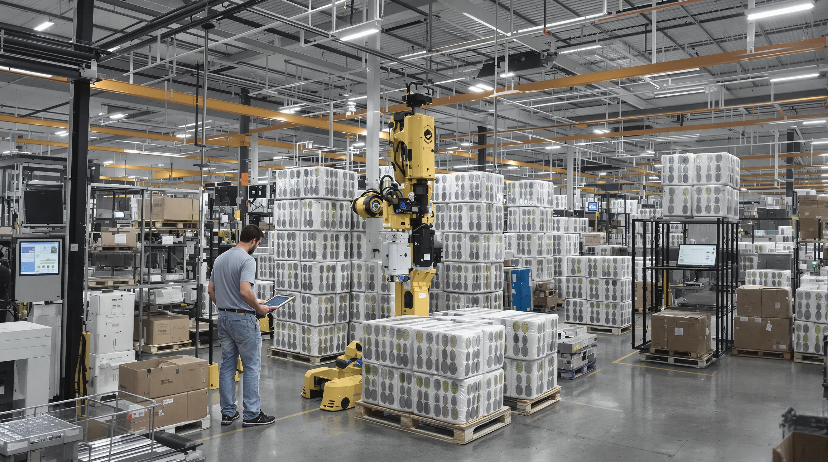 Photorealistic image of a warehouse with robots moving pallets of back protectors, digital screens and sensors in the background, representing advanced inventory management.