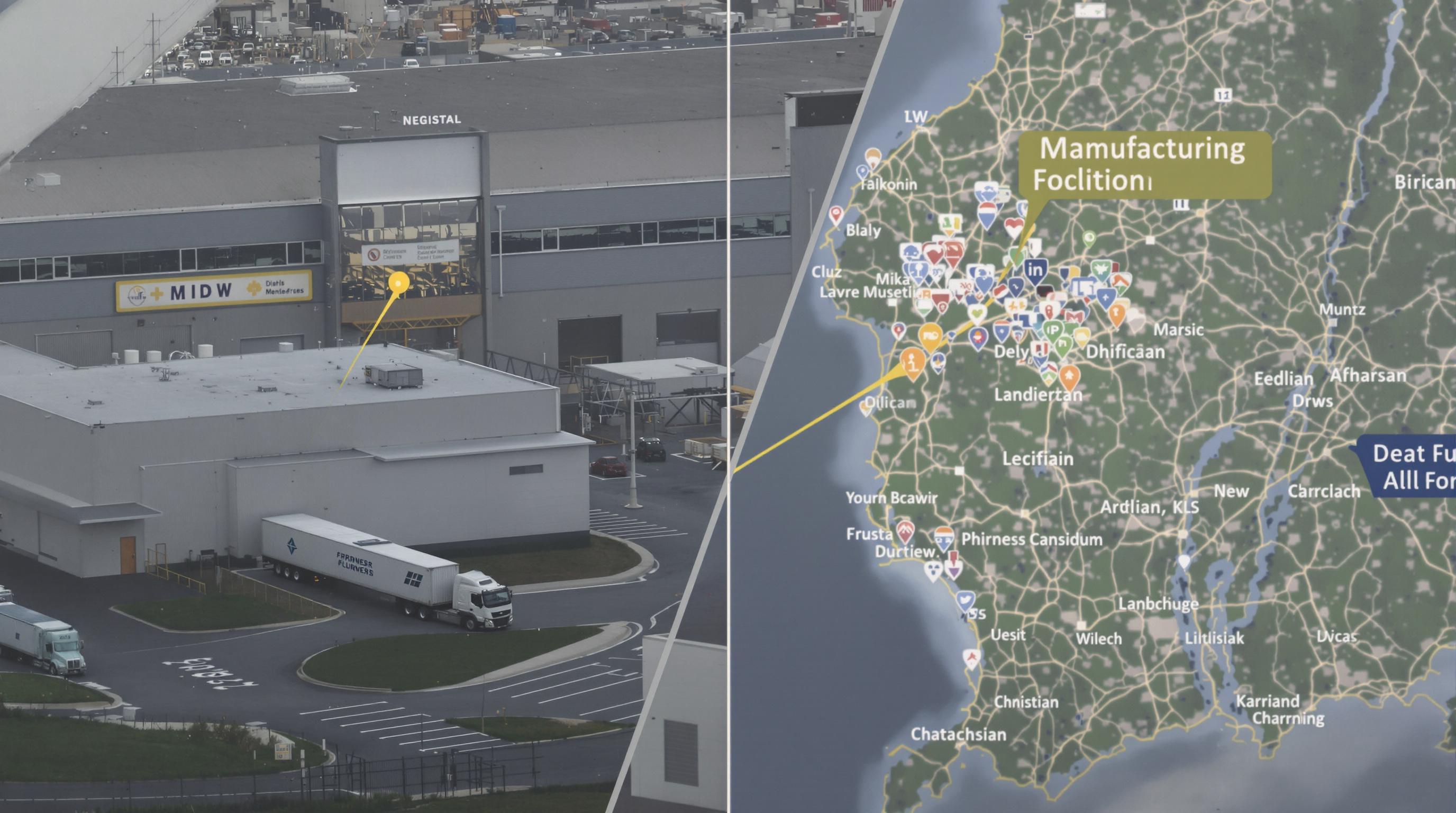 Photorealistic image of two factories in separate regions with cargo trucks departing, showing a satellite map overlay, illustrating geographically diversified dual-sourcing.