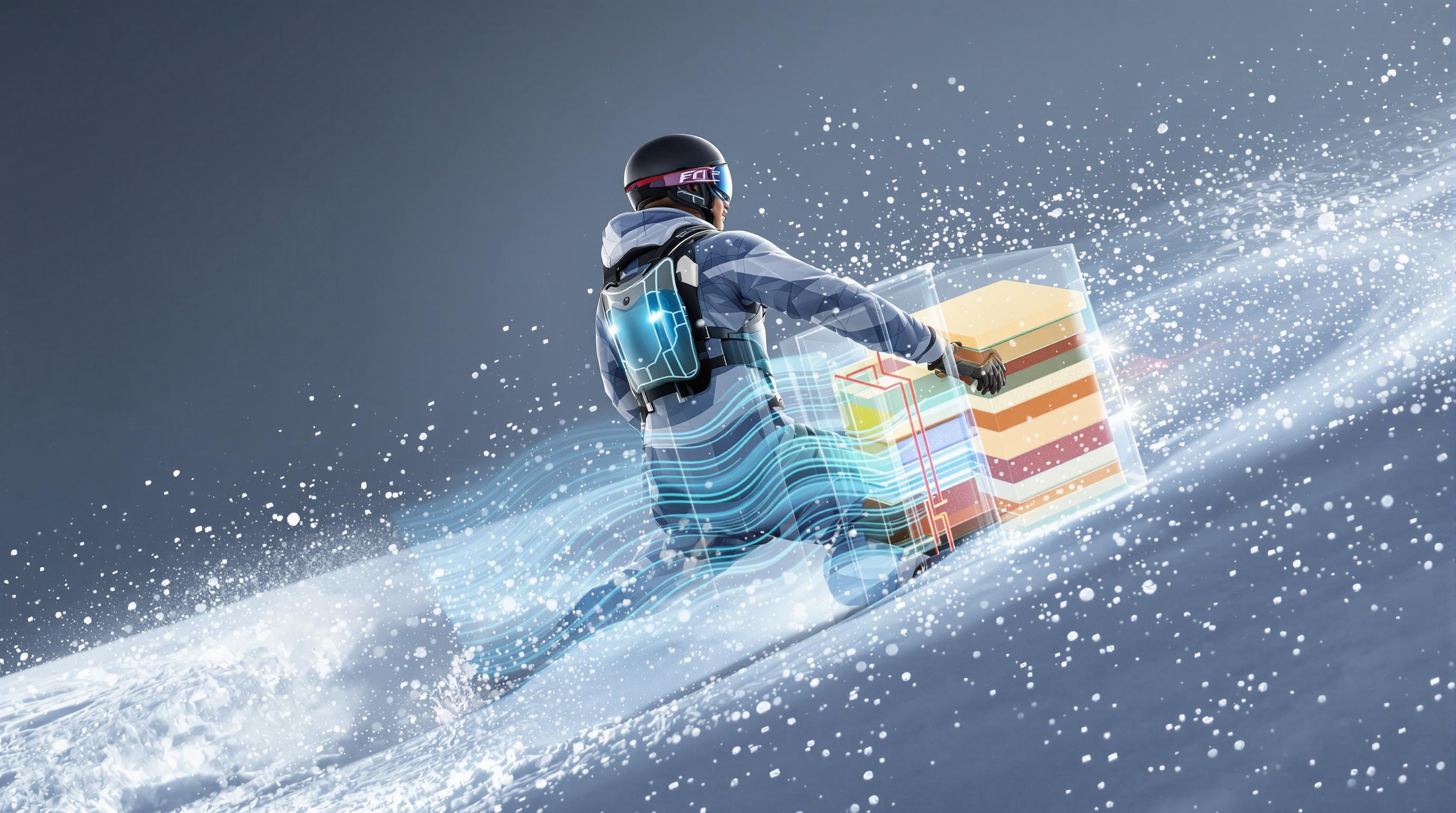Realistic photo of a person wearing a back protector in a skiing fall, with protector layers absorbing impact shown in muted blue and gray tones