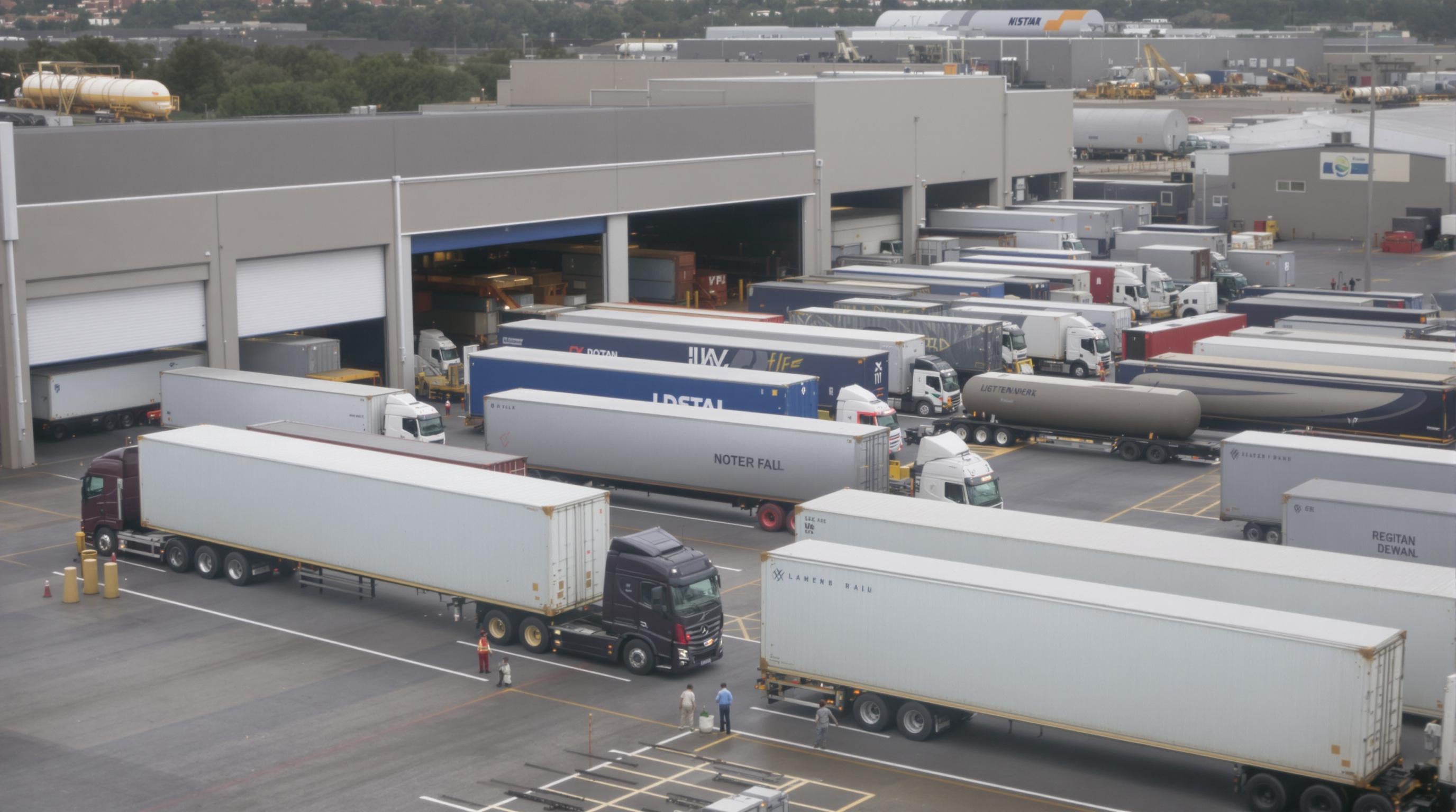 Intermodal containers being loaded onto trucks and trains at a logistics warehouse