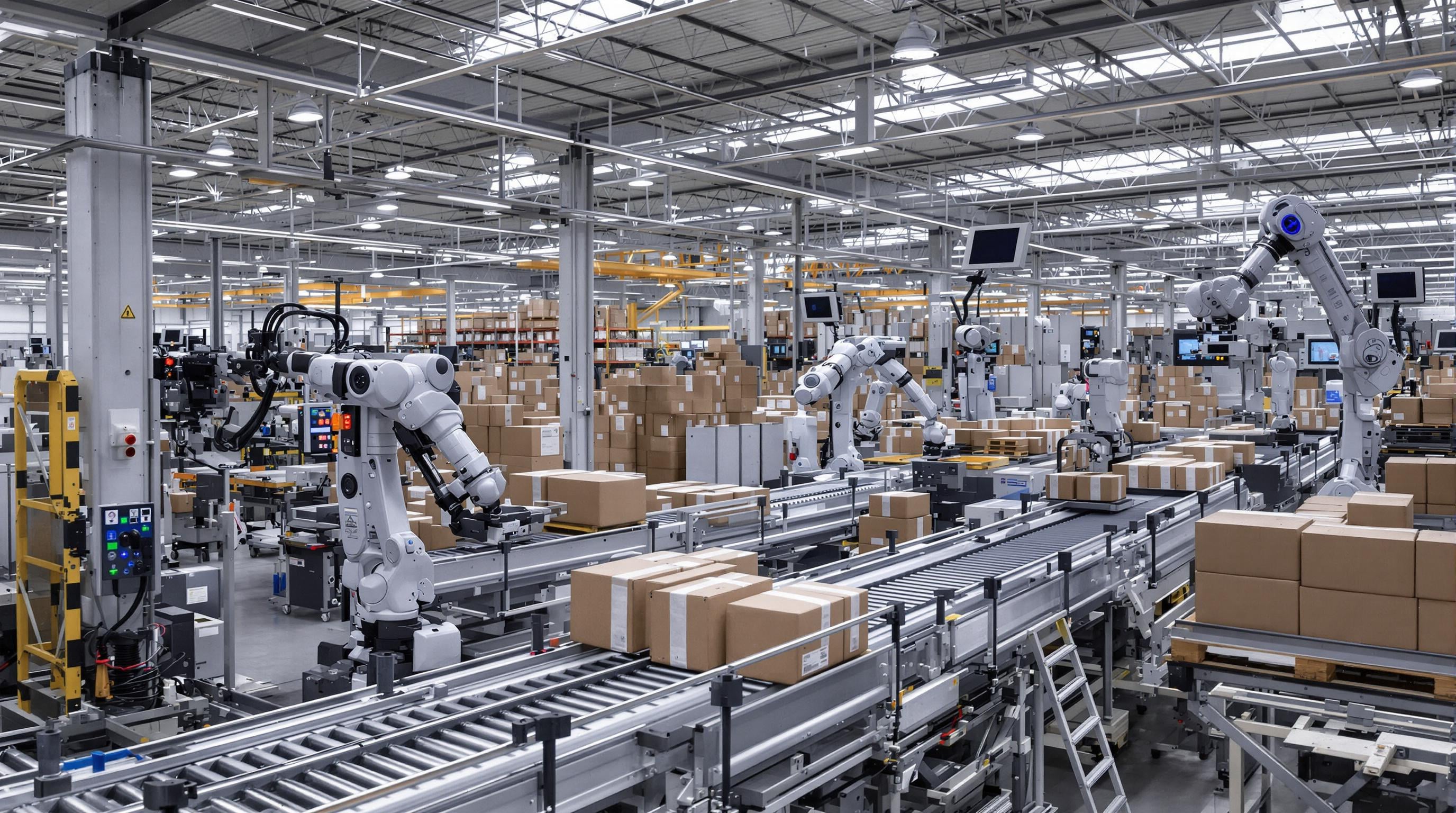 Automated warehouse with robots, conveyor belts, and digital monitoring displays